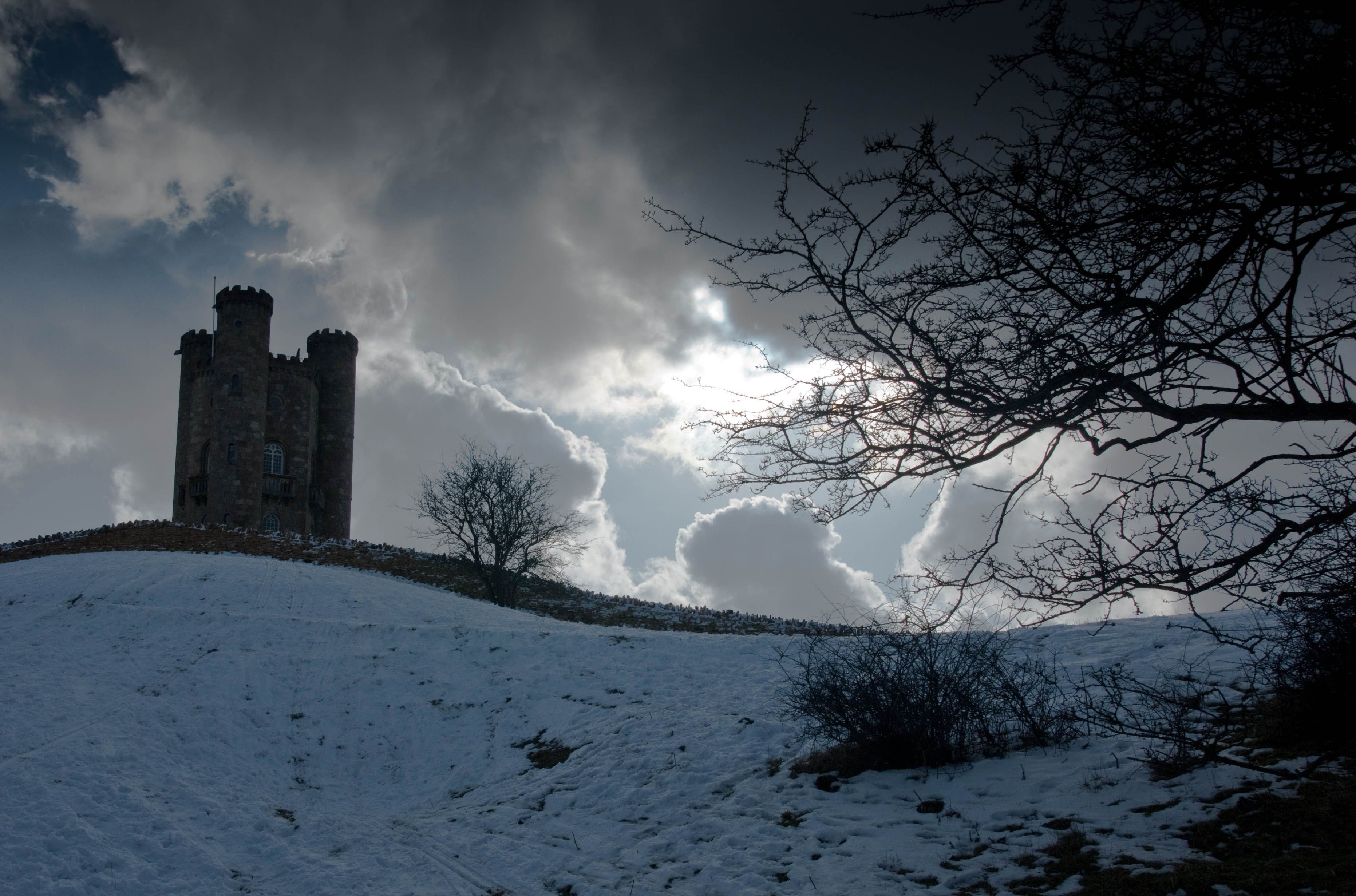 scenics - nature, the past, sky, snow, built structure, outdoors, castle, architecture, history, plant, tree, broadway tower worcestershire, building, cold temperature, HD Wallpaper