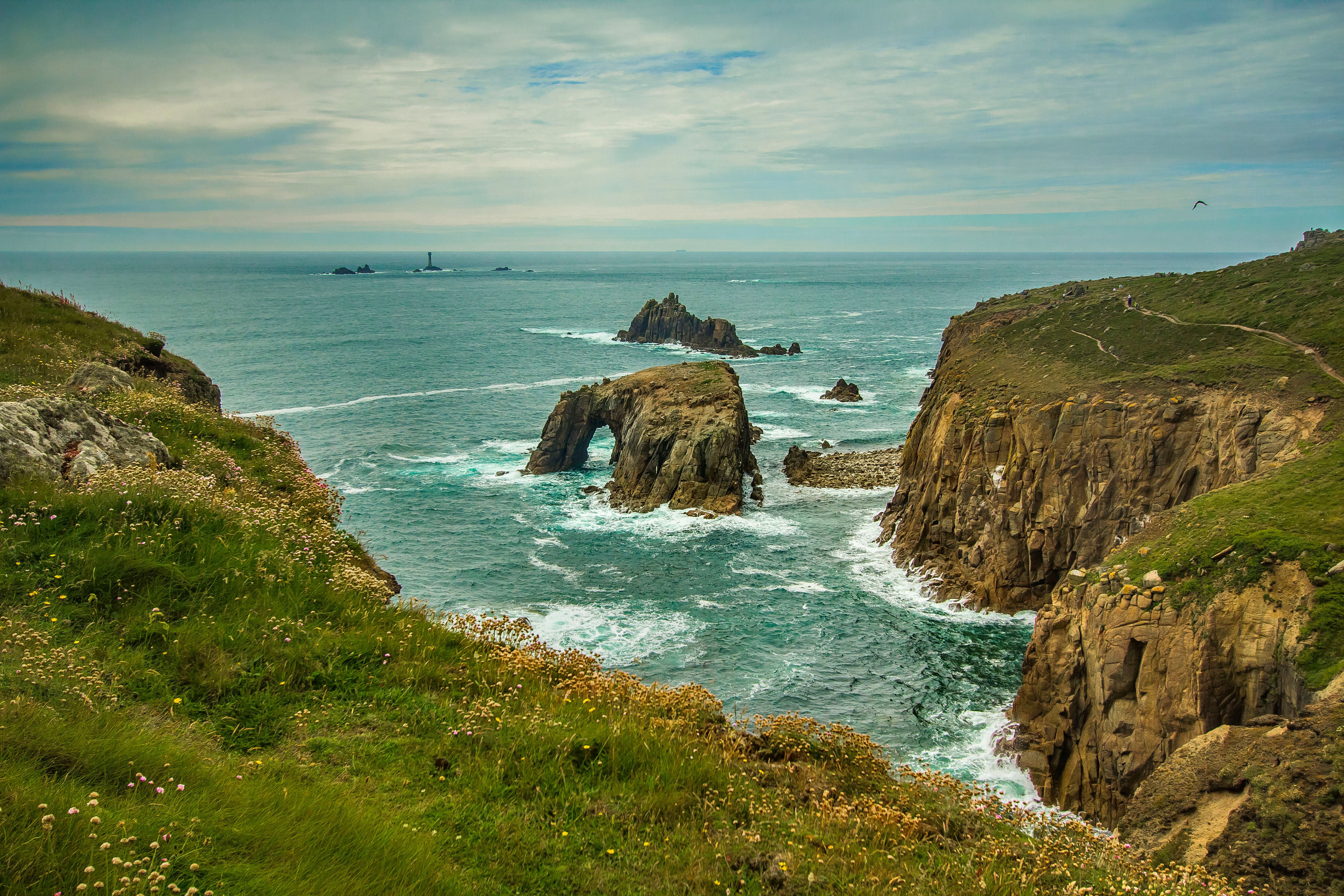 pacific Coast Highway, cliff, grass, coastline, rock, land, cornwall, scenics, tranquil scene, atlantic Ocean, plant, beach, scenics - nature, horizon over water, HD Wallpaper