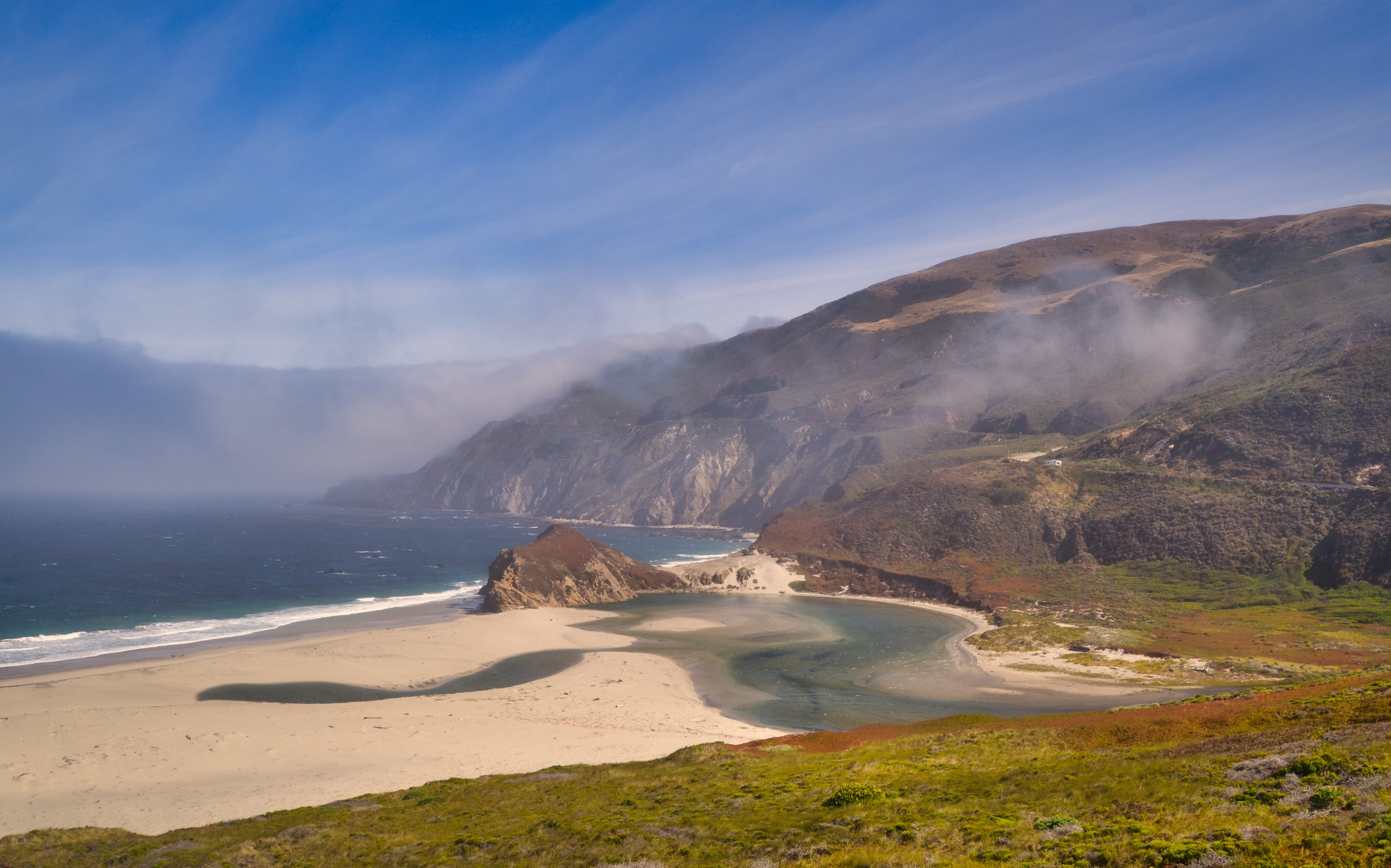 sky, tranquility, travel, blue, fog, highway no 1, mountain, cloud - sky, pacific, tranquil scene, hot spring, power in nature, nature, non-urban scene, HD Wallpaper