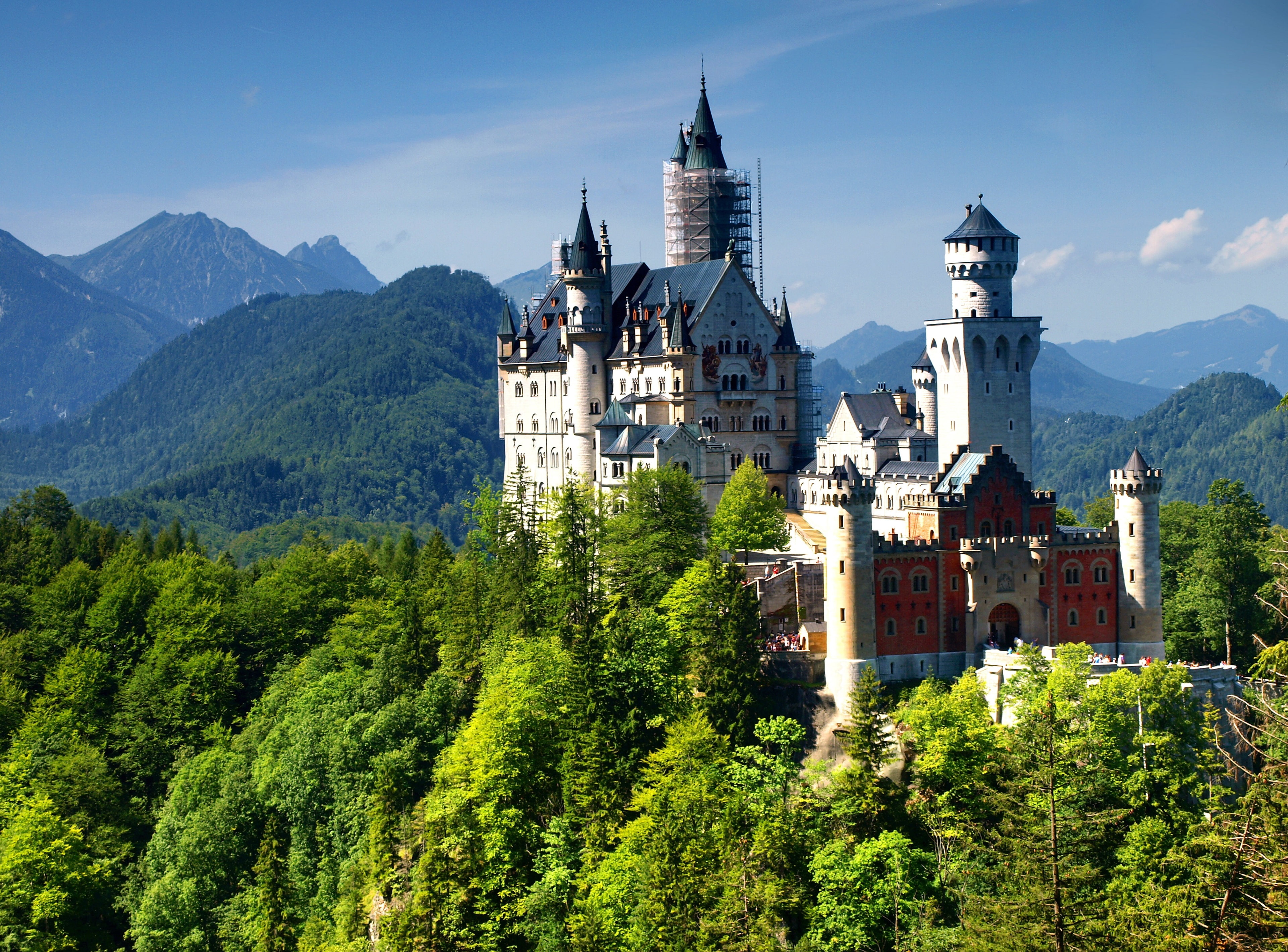 scenics - nature, spire, religion, neuschwanstein castle 4k picture, mountain, tree, beauty in nature, building exterior, tower, built structure, day, 4K, HD Wallpaper