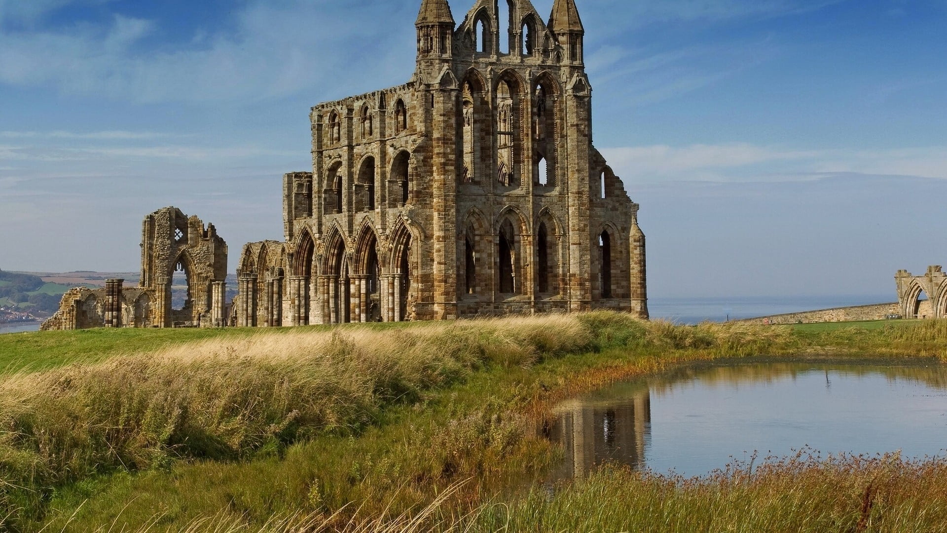 abbey, old, architectural column, brown, castle, belief, place of worship, ancient civilization, day, deterioration, England, city, Whitby Abbey, built structure, HD Wallpaper