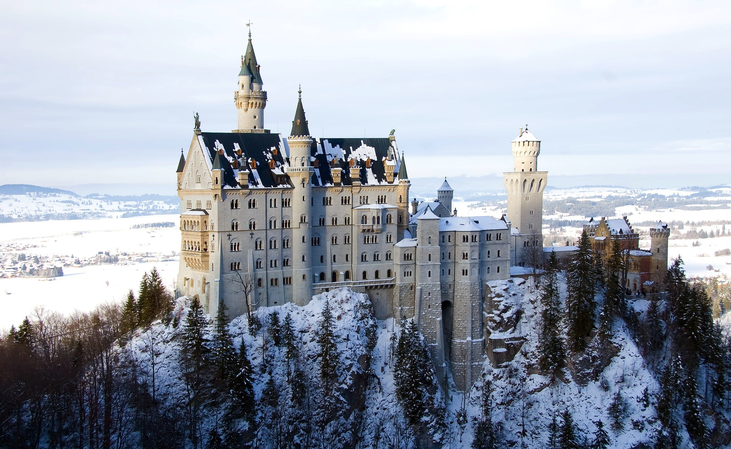 religion, day, Neuschwanstein, Germany, snowcapped mountain, tree, nature, cold temperature, building, architecture, snow, spirituality, place of worship, HD Wallpaper