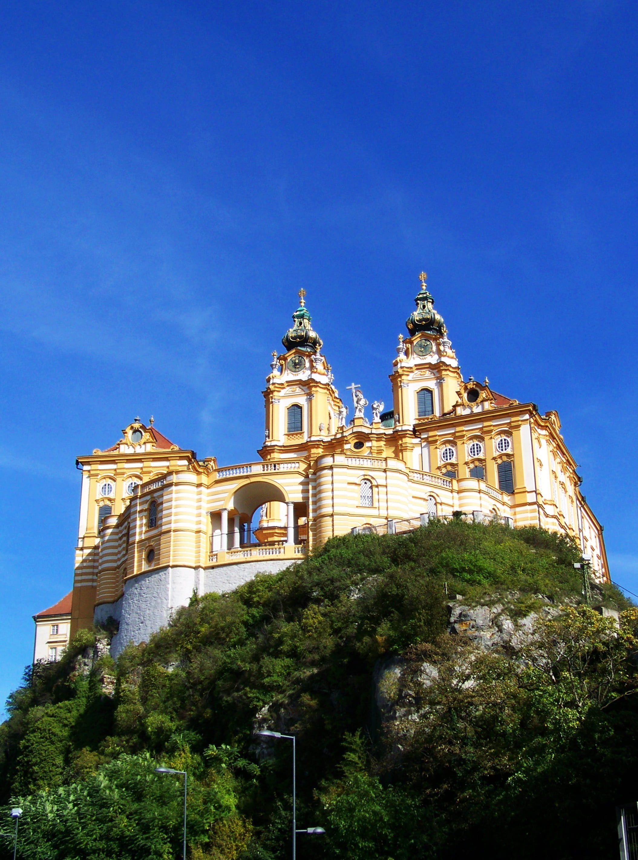 plant, abbey, spirituality, austria, blue, building exterior, low angle view, nature, architecture, outdoors, history, sky, belief, place of worship, melk, Phone HD Wallpaper