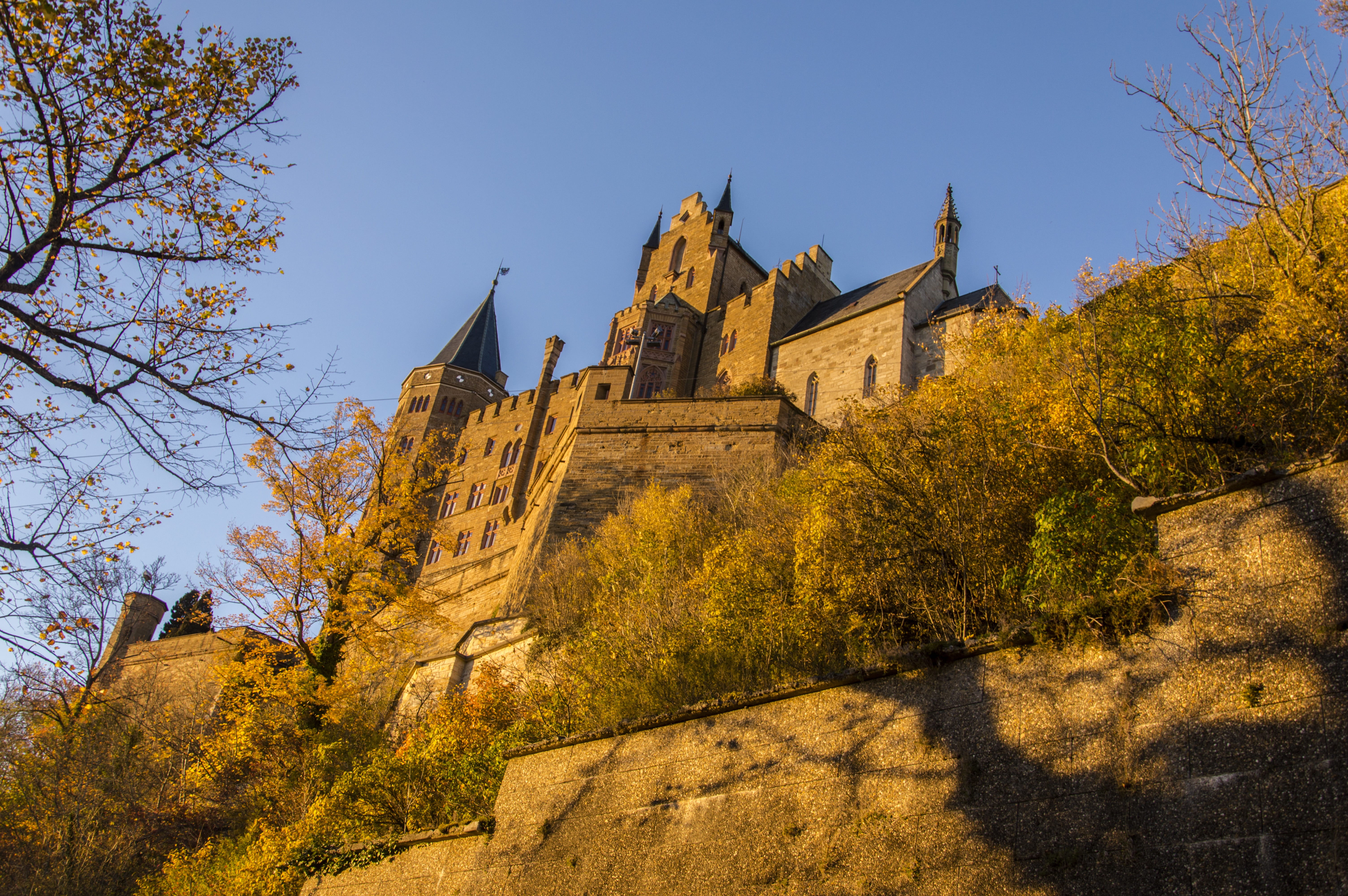 architecture, blue, clear sky, zollern, fortress, tree, eaves, baden württemberg, autumn, day, the past, germany, tourism, sky, travel destinations, place of worship, HD Wallpaper