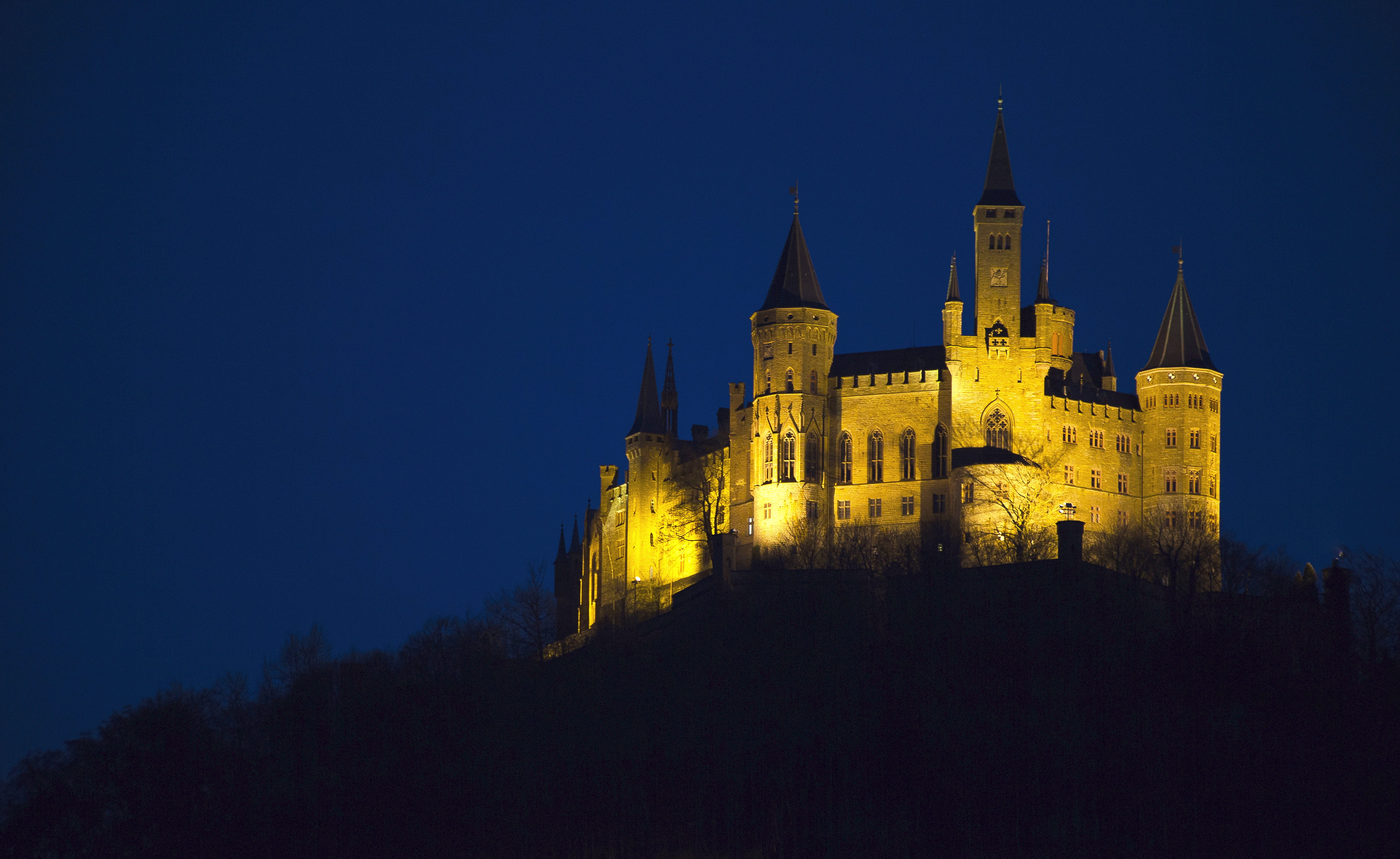 tree, germany, alb eaves, hohenzollern castle, built structure, mountain, fortress, night, history, places of interest, blue, 5K, zollernalb, swabian alb, HD Wallpaper