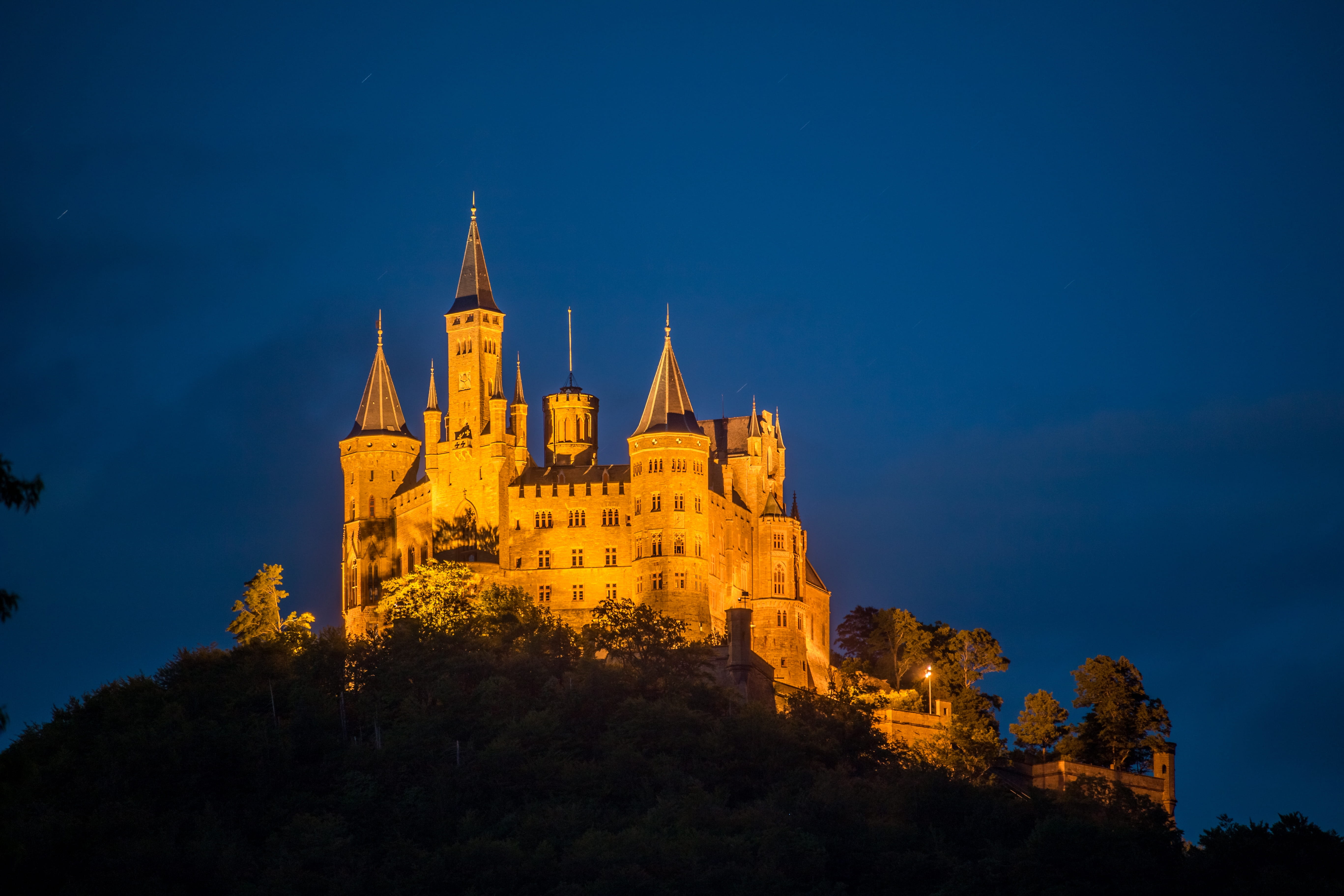 tower, 5K, swabian alb, architecture, hechingen, illuminated, city, travel destinations, night, germany, baden württemberg, built structure, hohenzollern, HD Wallpaper