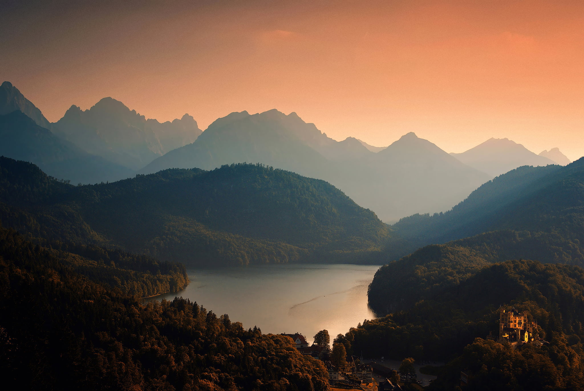 Hohenschwangau, fog, tranquility, sunset, the sky, plant, tree, scenics - nature, Bavaria, castle, sky, water, tranquil scene, mountains, lake, no people, HD Wallpaper