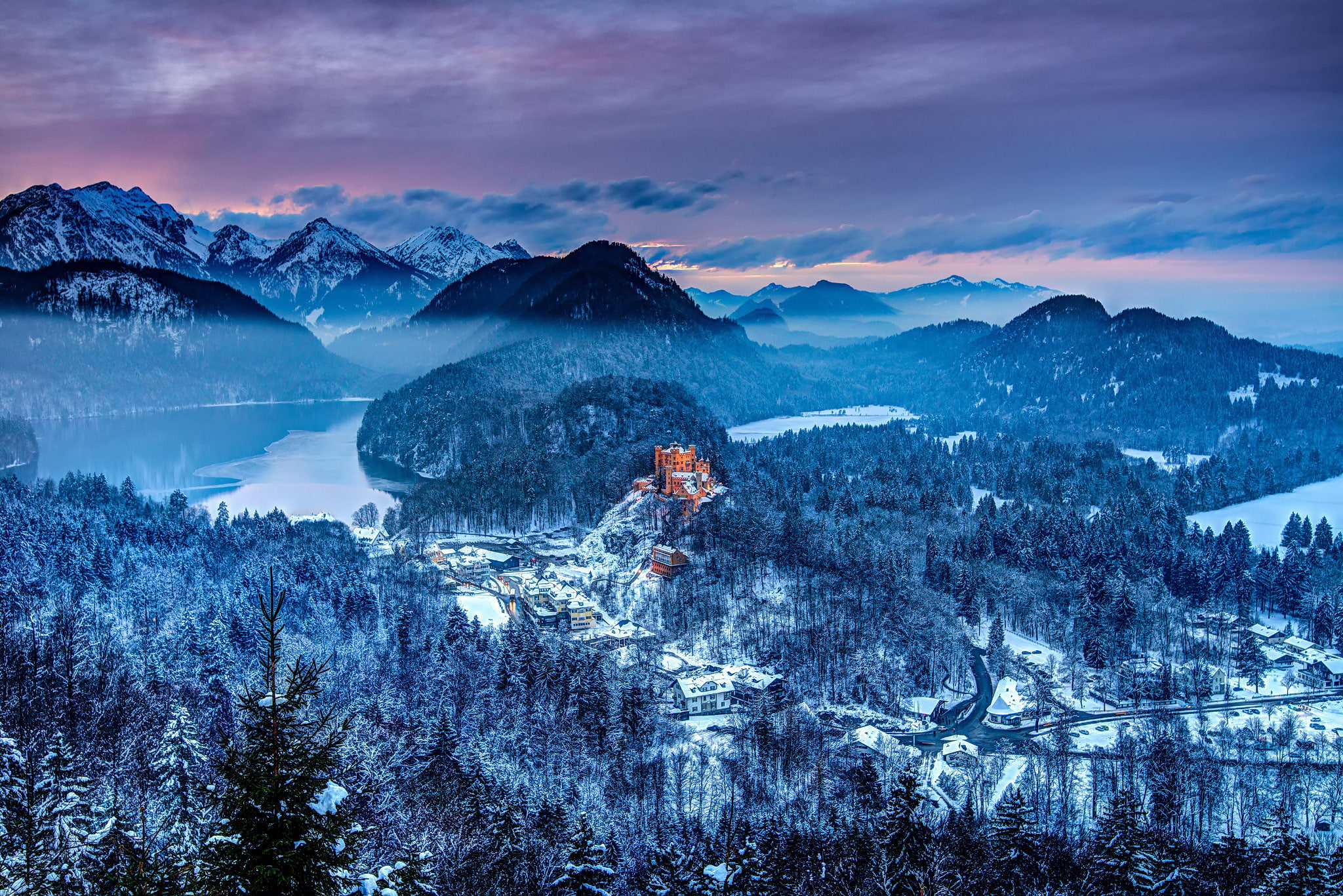 1080P, castle, Germany, snow, Hohenschwangau, winter, mountains, southern Bavaria, lake, forest, Hohenswangau, HD Wallpaper