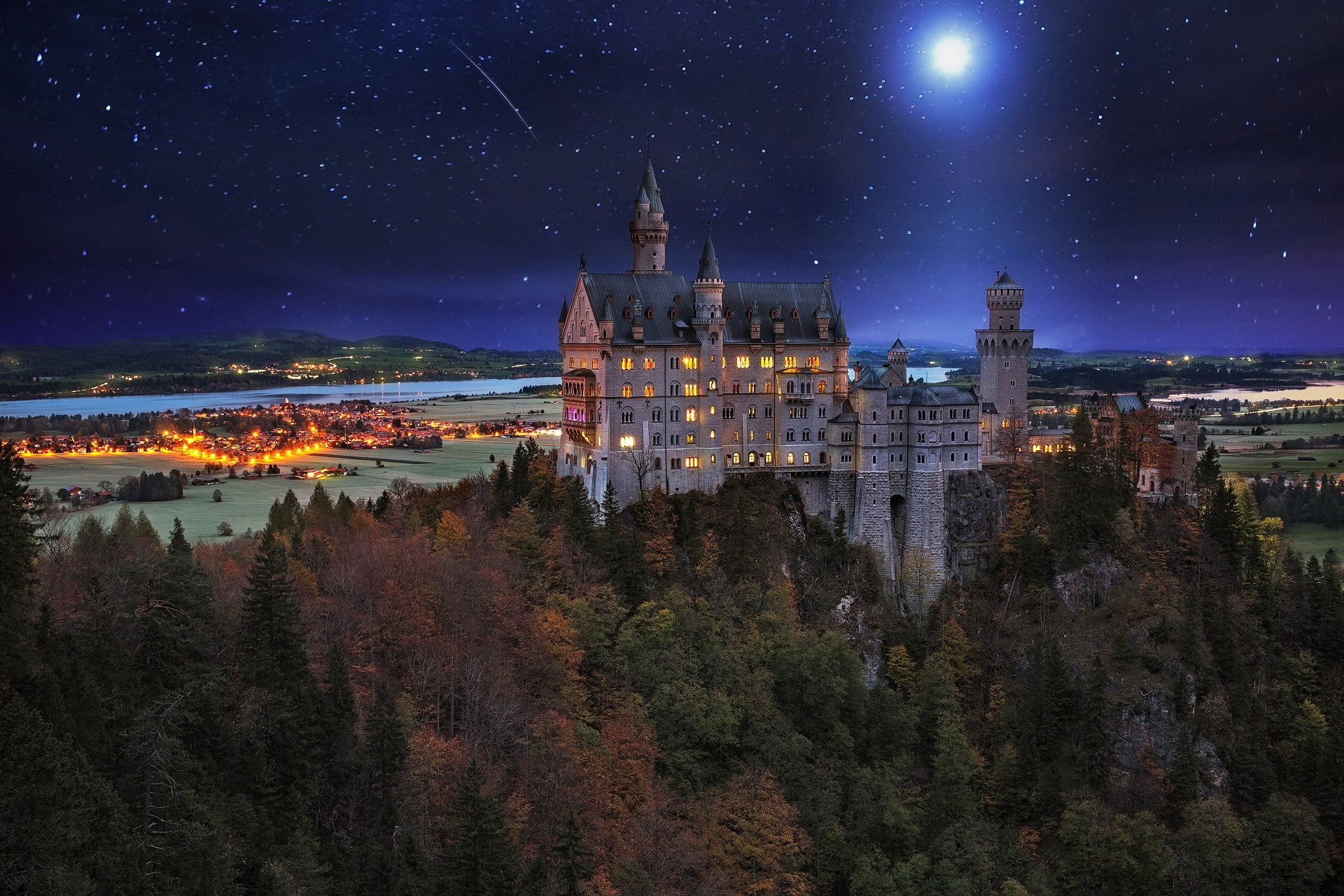 castle, space, night, illuminated, building, twilight, scenics - nature, lichtenstein, sunset, astronomy, stars, star - Space, canada, mountain, panoramic, HD Wallpaper