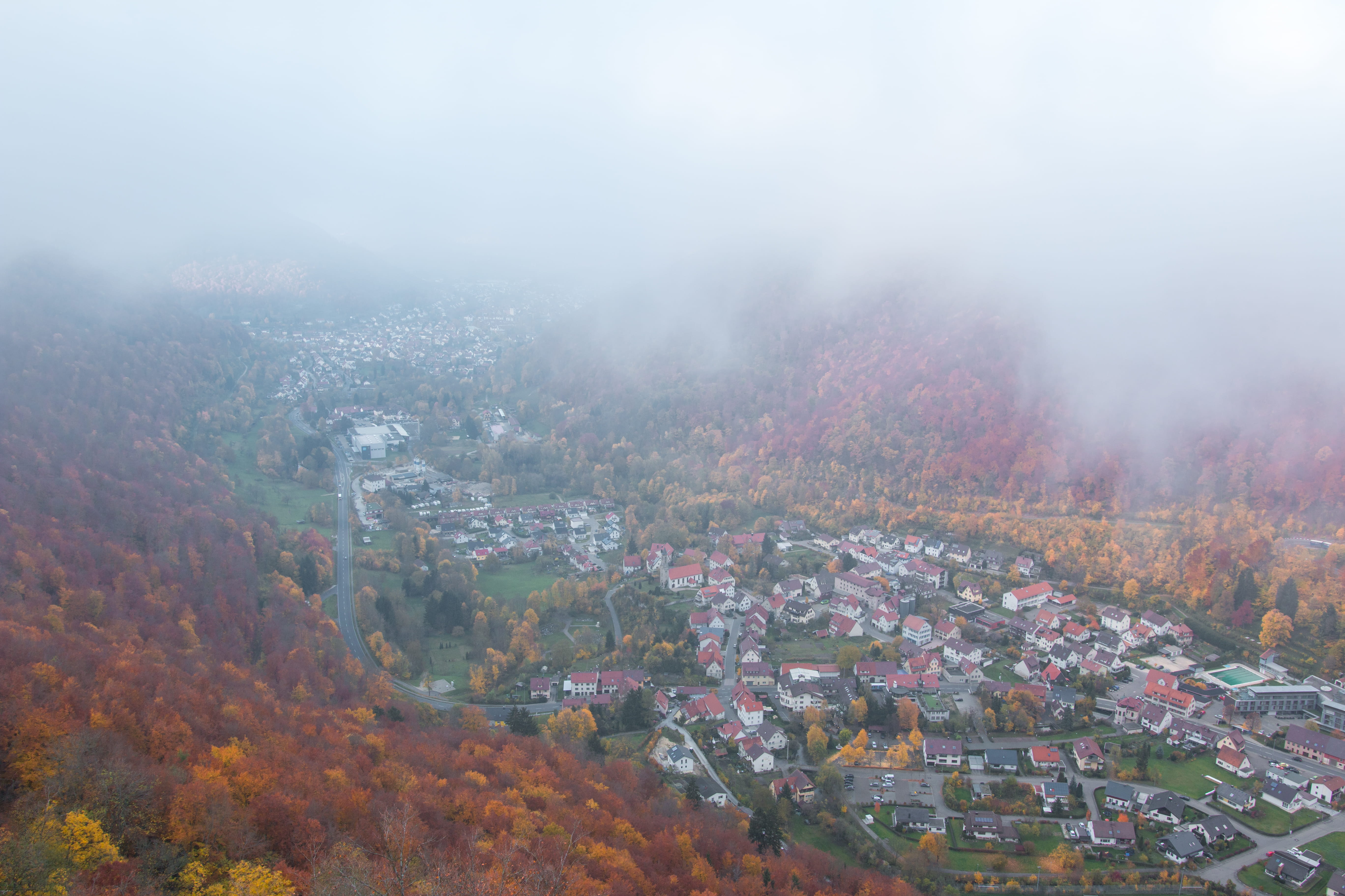 outdoors, forest, lichtenstein, change, beauty in nature, smog, nature, 5K, scenics - nature, tree, fog, building, residential district, trees, building exterior, HD Wallpaper