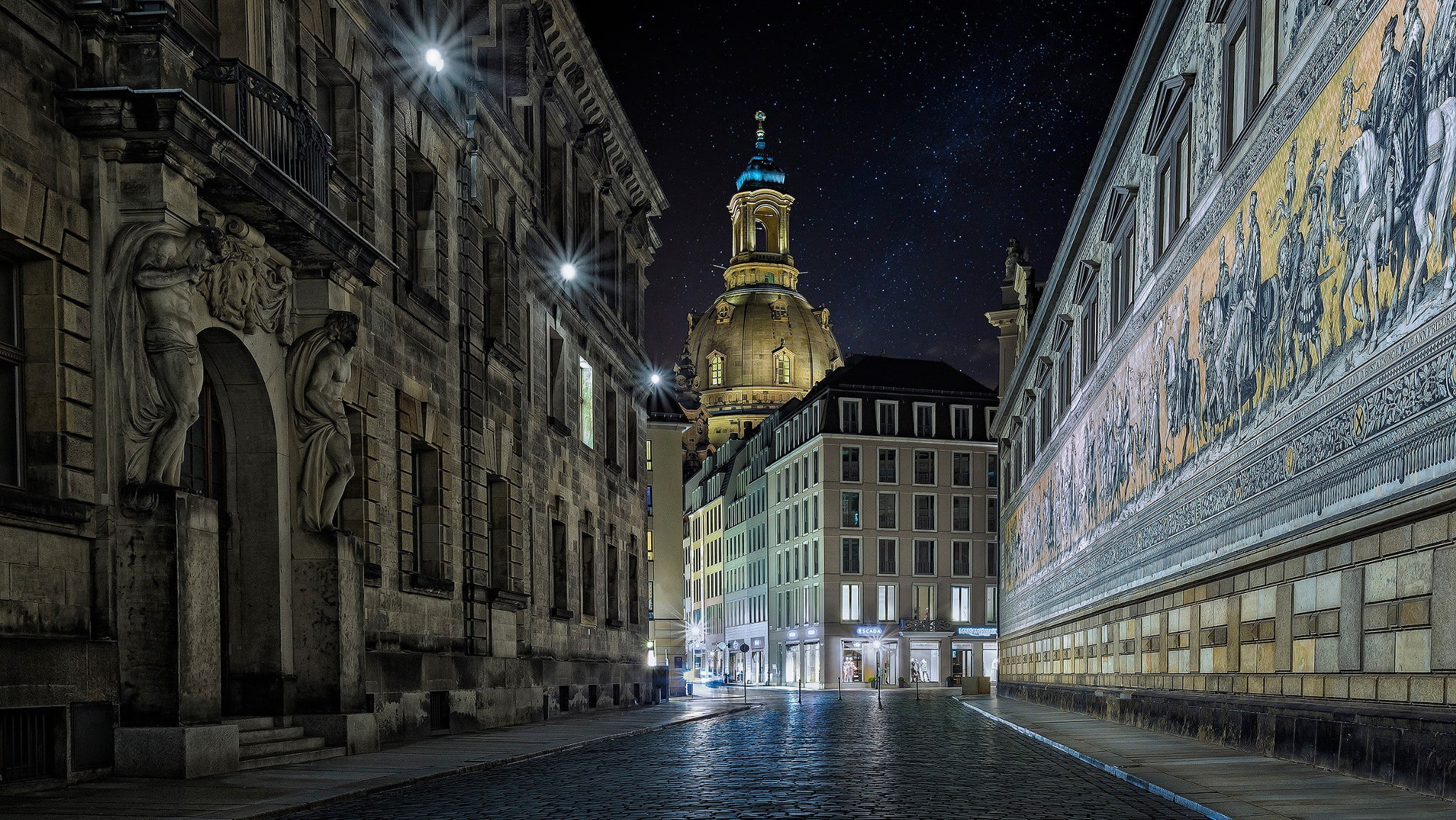 sculpture, cityscape, architecture, street light, old building, Europe, stars, Dresden, Germany, church, street, 1080P, city, HD Wallpaper