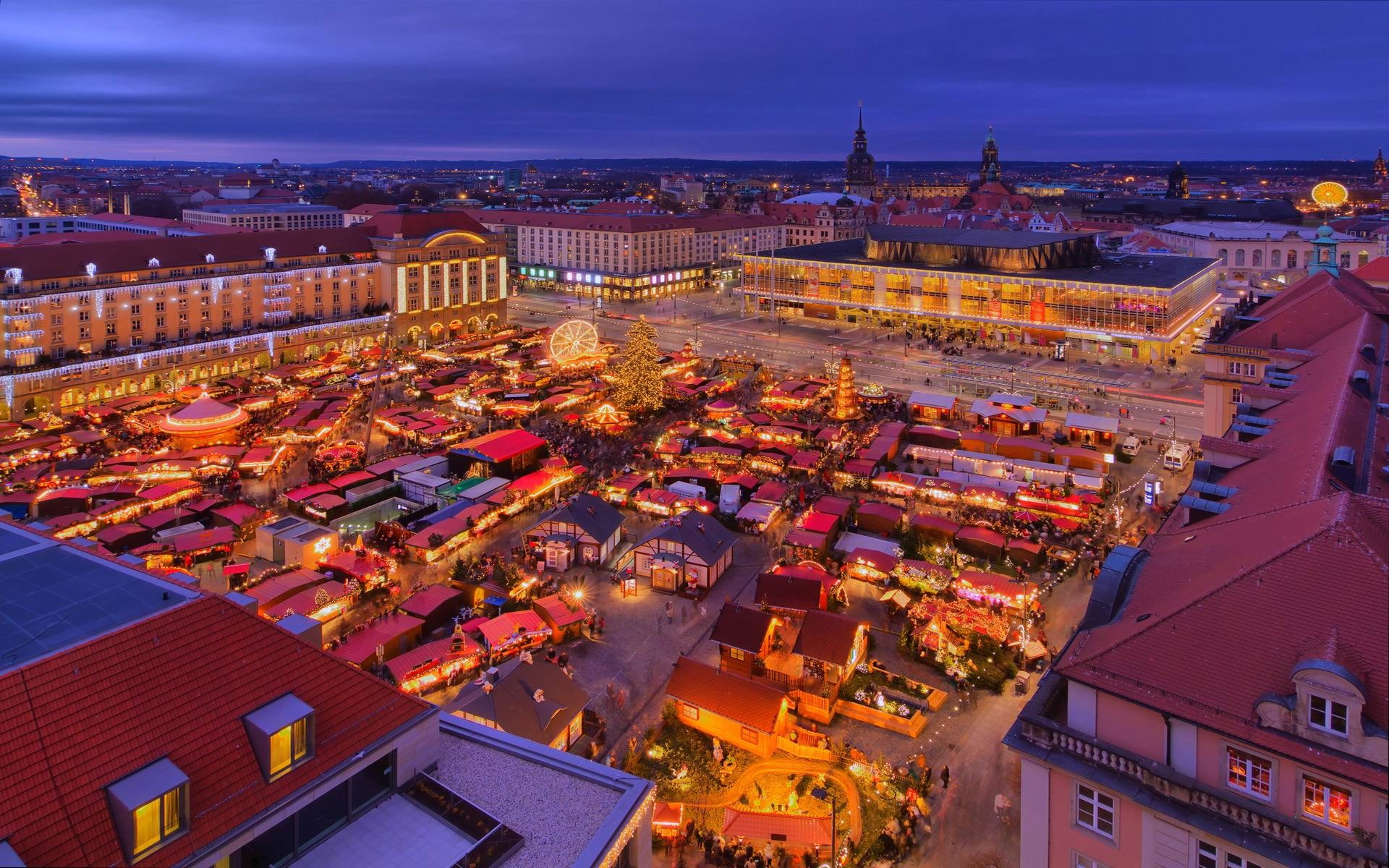 building, roof, cityscape, travel destinations, germany, city, building exterior, crowded, high angle view, night, dresden, crowd, hd, illuminated, architecture, HD Wallpaper