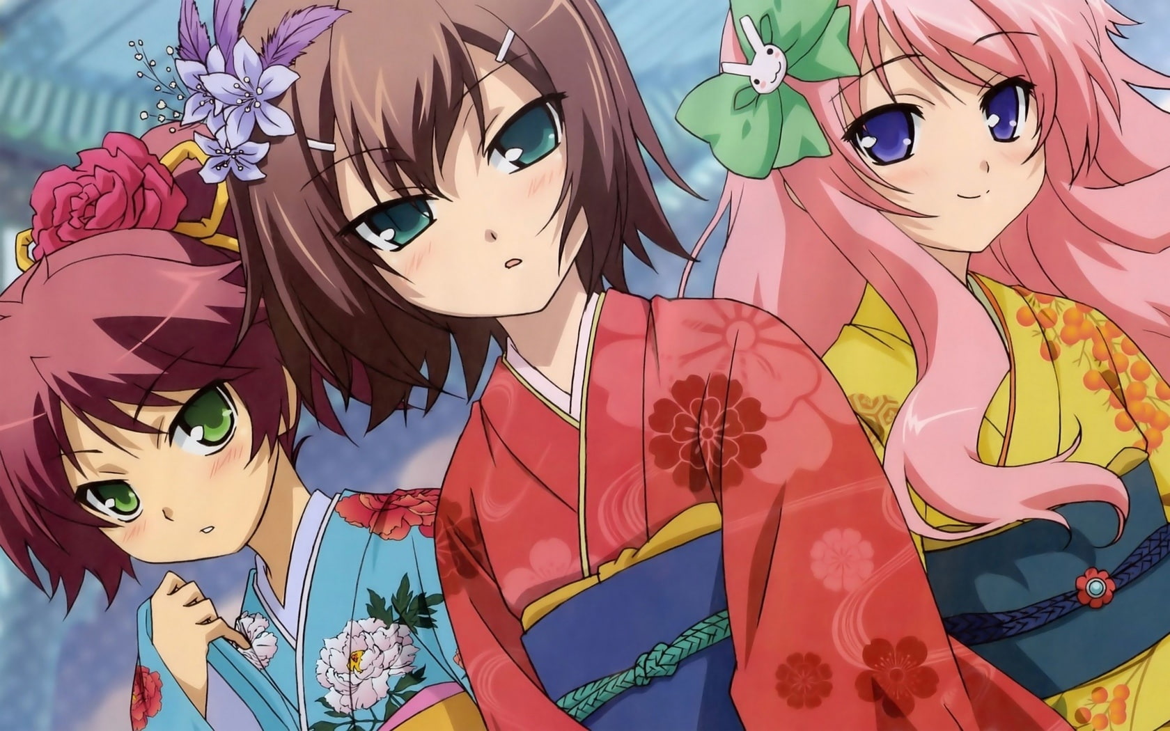 720P, Kimono, Girl, women, Anime, girls, characters, Three, HD Wallpaper