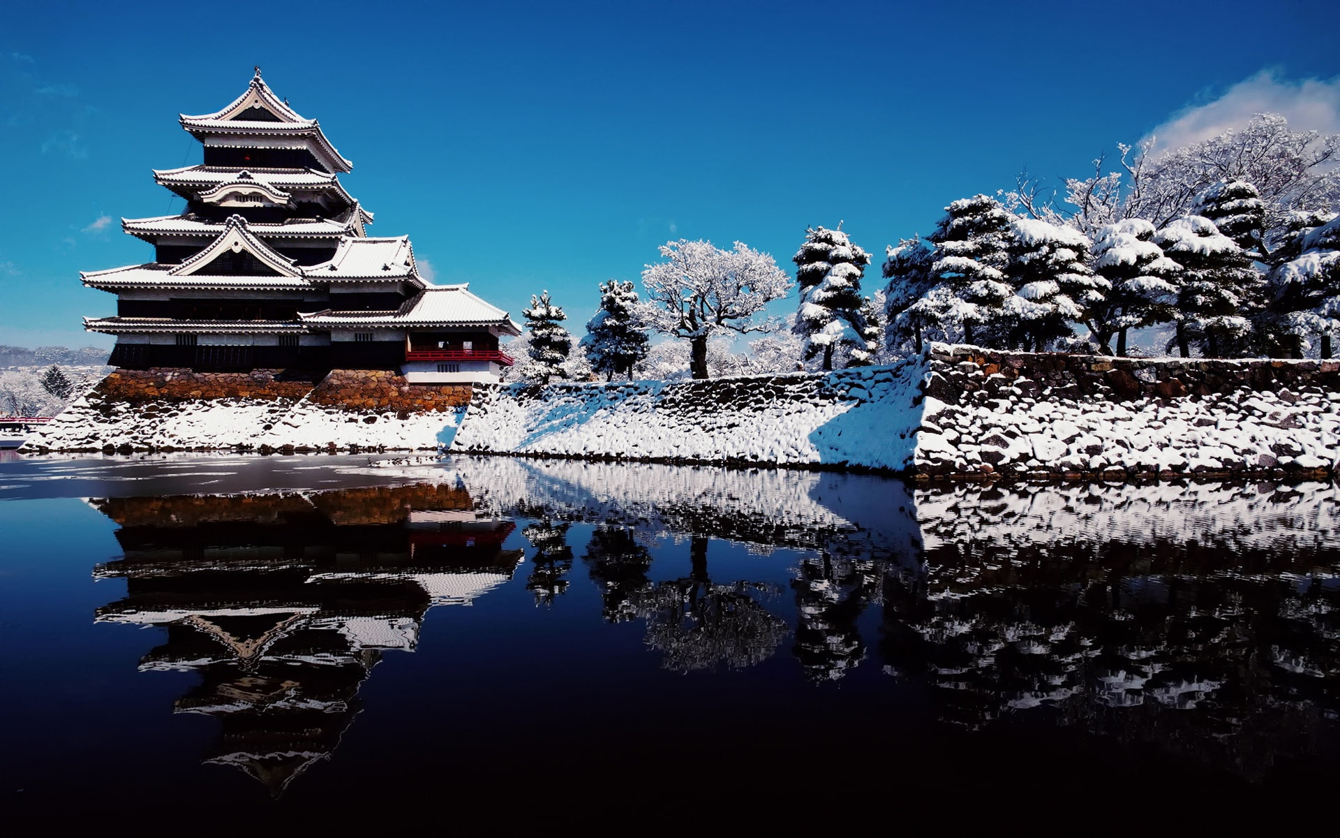Attractions, Reflection, Blue, Japan, Sky, Lake, Temple, Winter, Snow, 1080P, HD Wallpaper