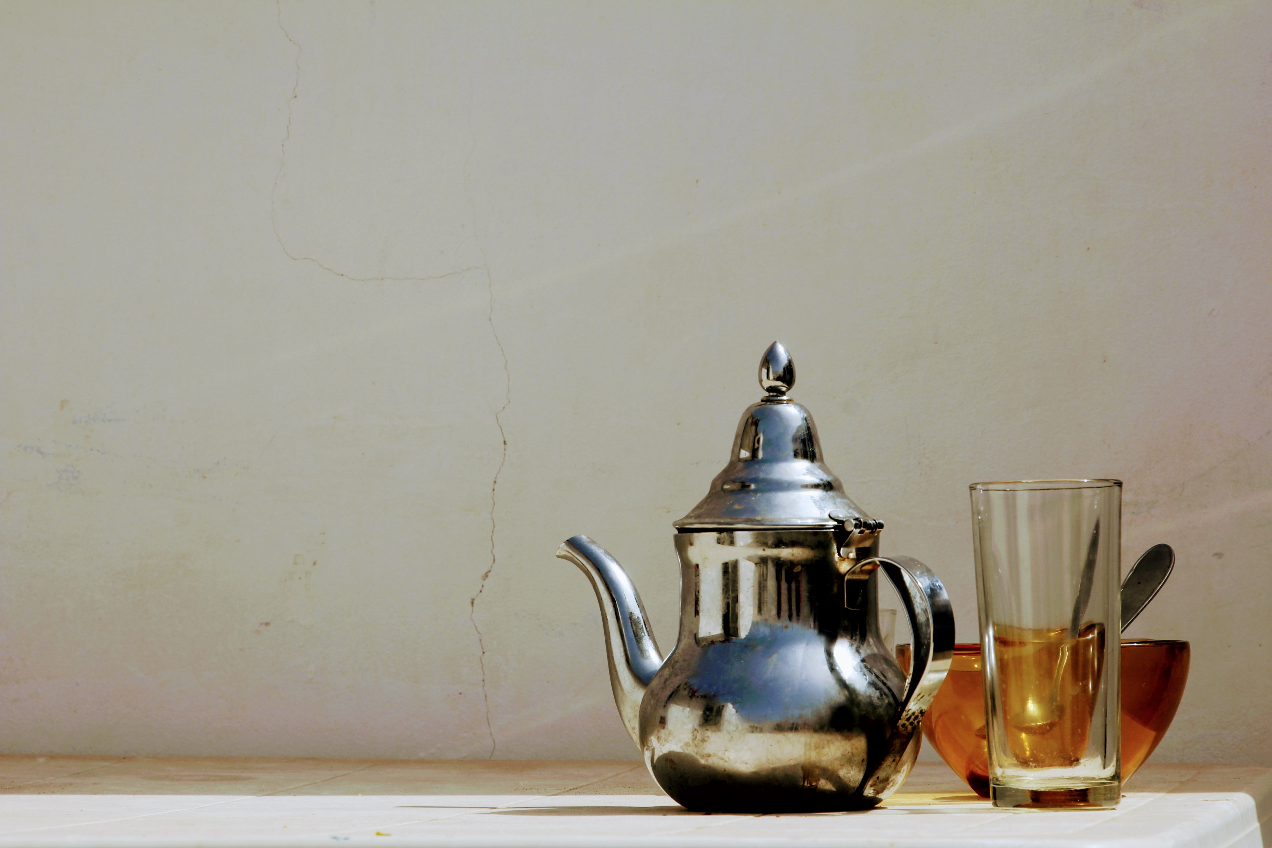 still life, kitchen utensil, pot, no people, tea time, Drink, stainless, Teapot, copy space, pitcher - jug, 5K, relax, kettle, Teatime, clear, metal, gray, HD Wallpaper