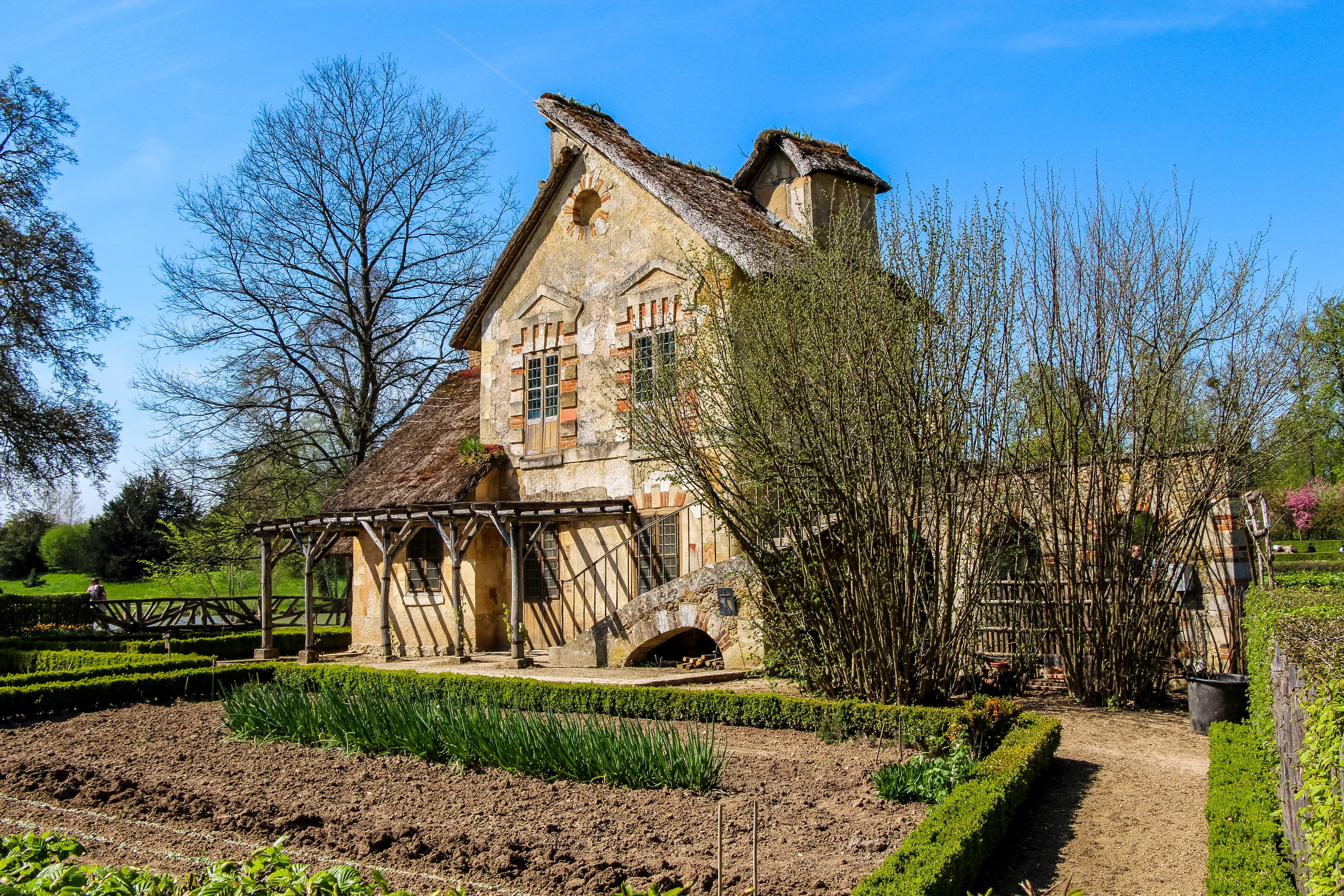 the past, tree, versailles, bungalow, place of worship, travel, sky, farm, flora, castle, built structure, wood, bare tree, travel destinations, house, HD Wallpaper