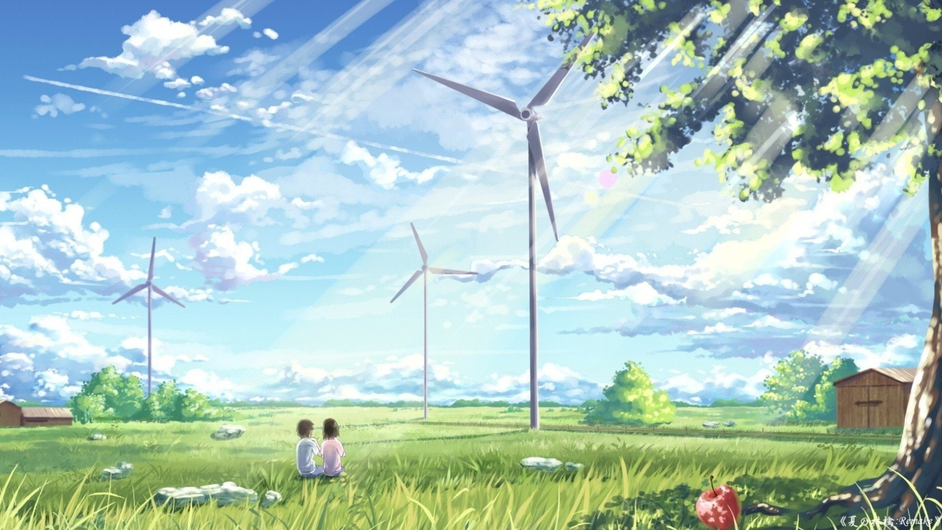 Summer, Wind Turbine, 1080P, Sunshine, Original, Anime, Cloud, HD Wallpaper