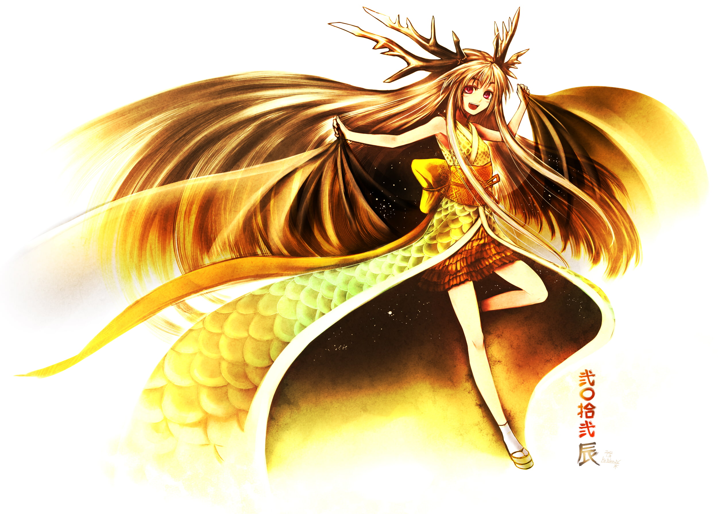 joy, art, kimono, kotoba noriaki, hair, wearing, illustration, wings, anime, dress, horns, 1080P, girl, HD Wallpaper
