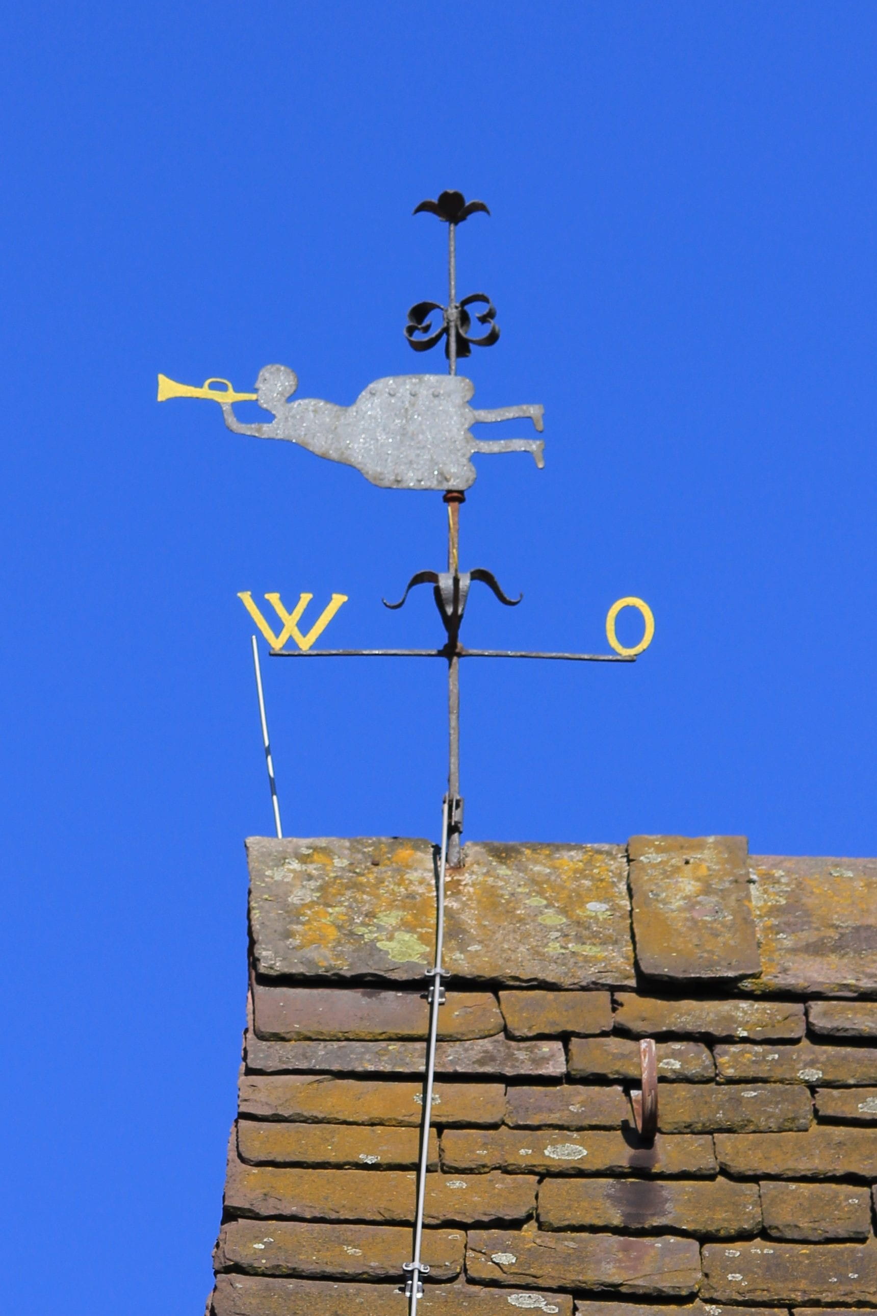 built structure, Weathervane, brick, building exterior, blue, low angle view, cross, sky, animal representation, Trombone, Blue, day, communication, direction, Phone HD Wallpaper