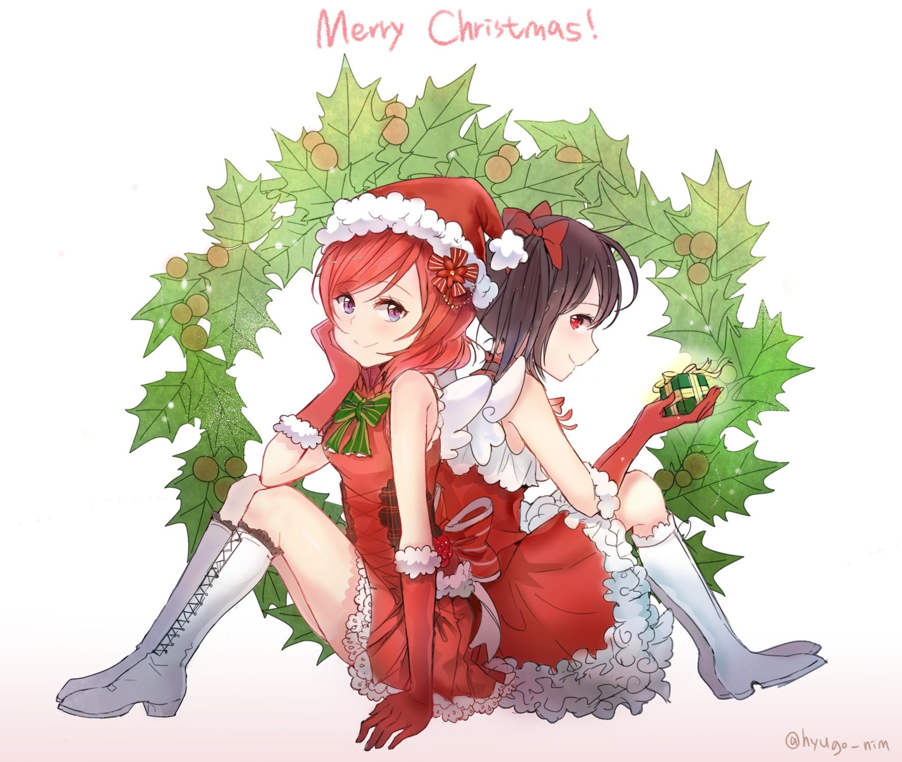Signed, eyes, gloves, Elbow, Costume, Santa, hat, hair, red, white, Black Hair, Girls, Nico, boots, Yazawa, Purple Eyes, Hyugo, bow, christmas, 720P, HD Wallpaper