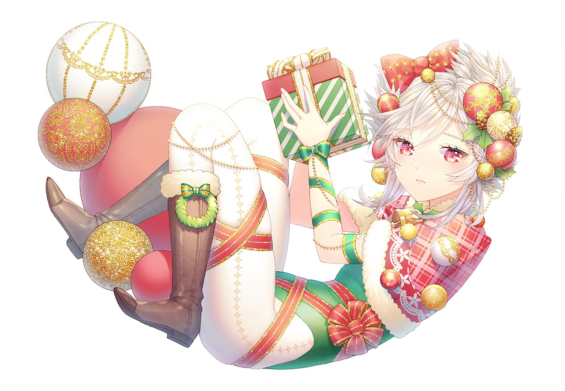 Anime, Red Eyes, White Hair, Christmas, Gift, Bell, Ribbon, Boots, 720P, Original, HD Wallpaper