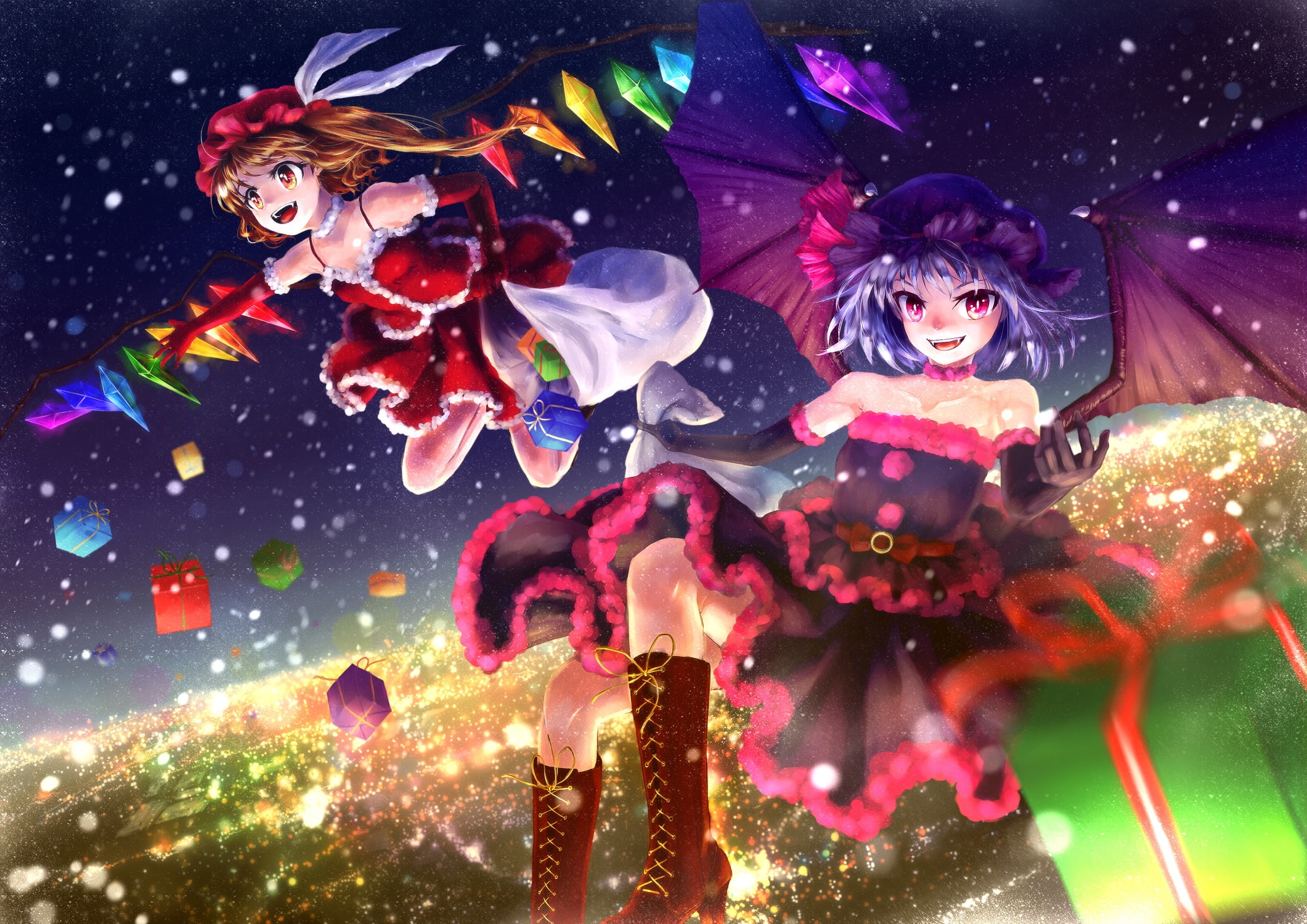 ponytail, orange, boots, touhou, fang, red, snow, eyes, blonde, hair, wings, girls, christmas, pink, vampire, night, blue, dress, 1080P, short, hat, HD Wallpaper