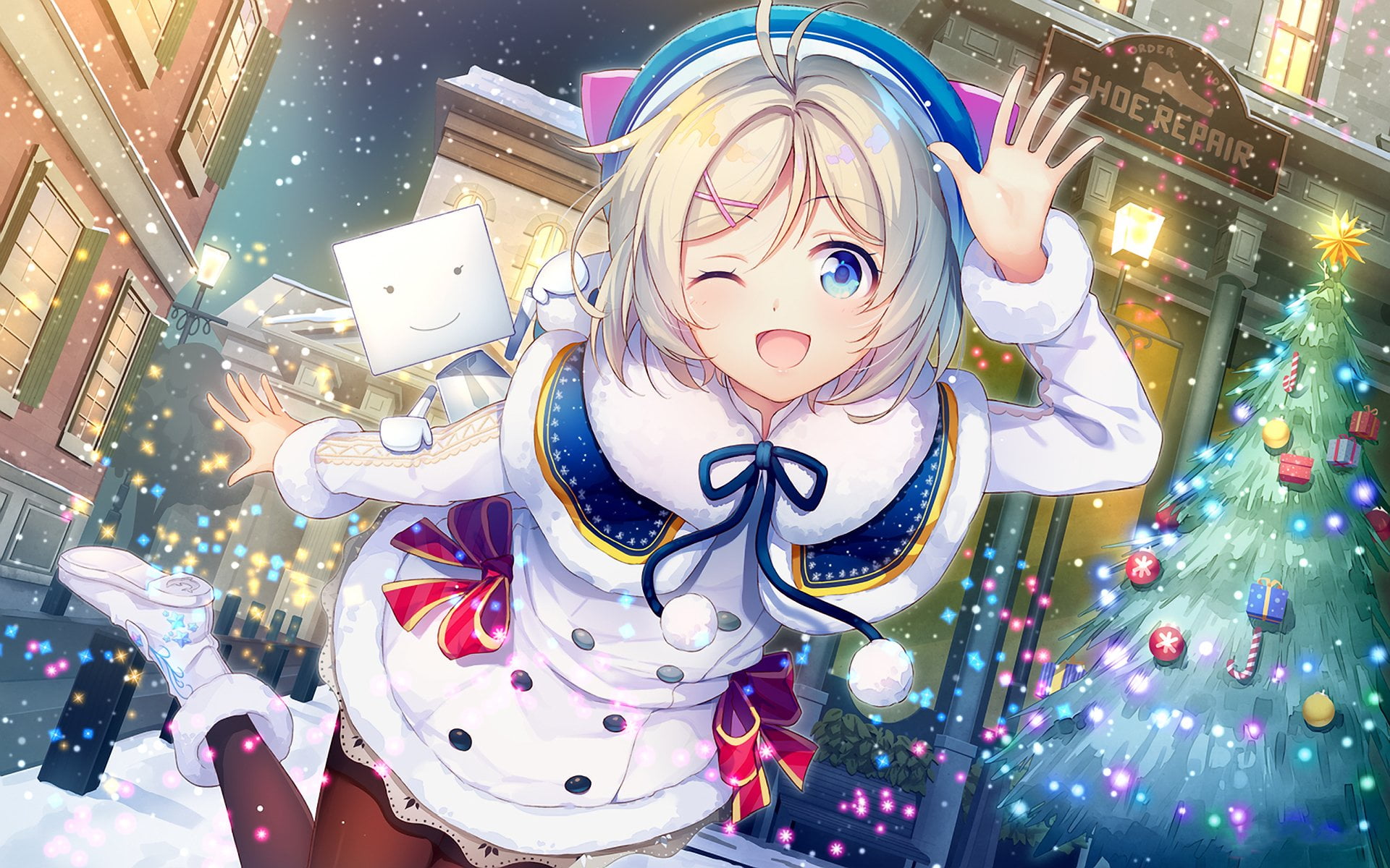 Anime, Blue Eyes, representation, decoration, christmas ornament, holiday, celebration, 1080P, christmas decoration, christmas lights, Smile, close-up, HD Wallpaper