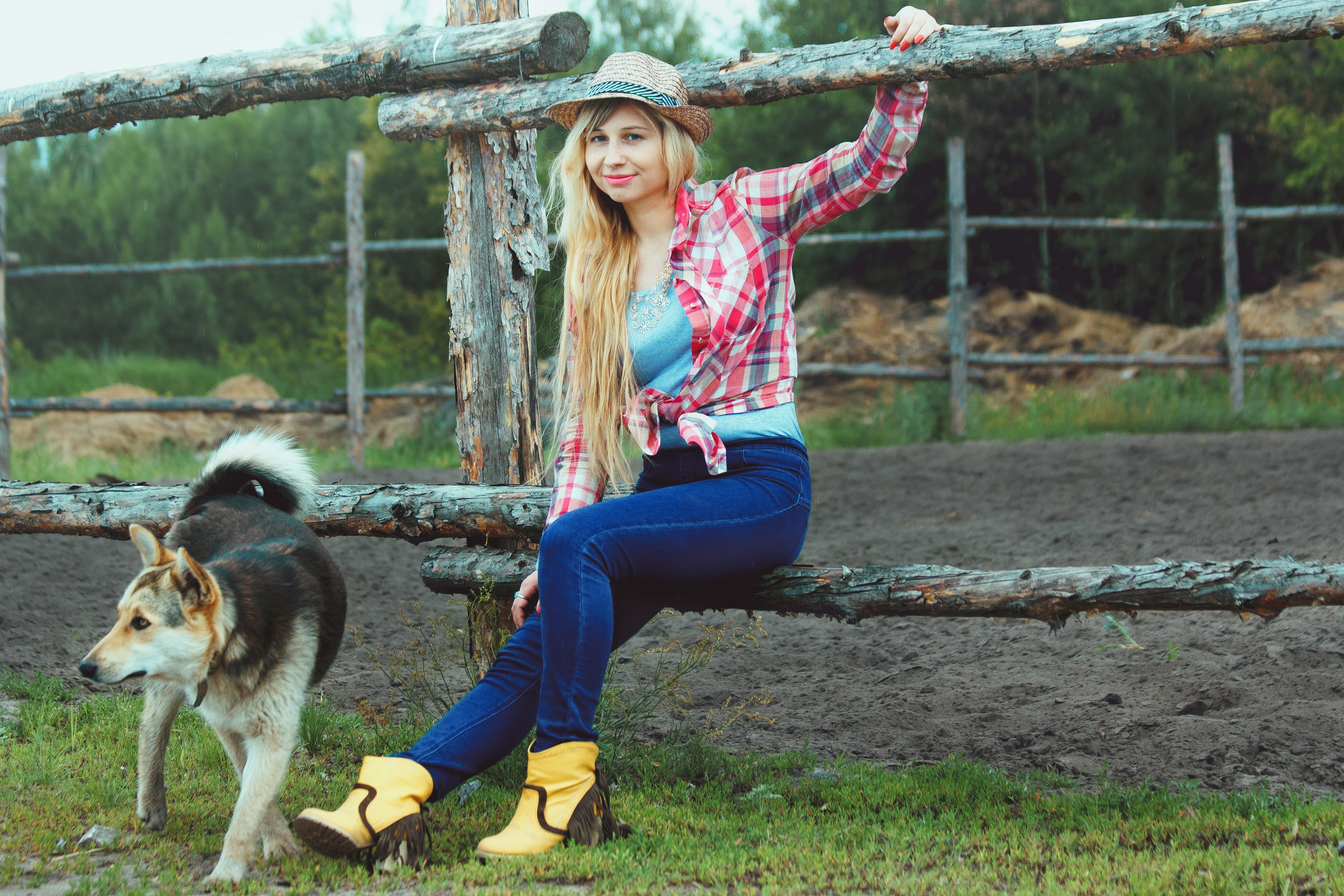 jeans, woman, pets, full length, fence, daytime, subsistence farming, dog, nature, 4K, one animal, animal, hay, casual clothing, hair, german, shepherd, HD Wallpaper