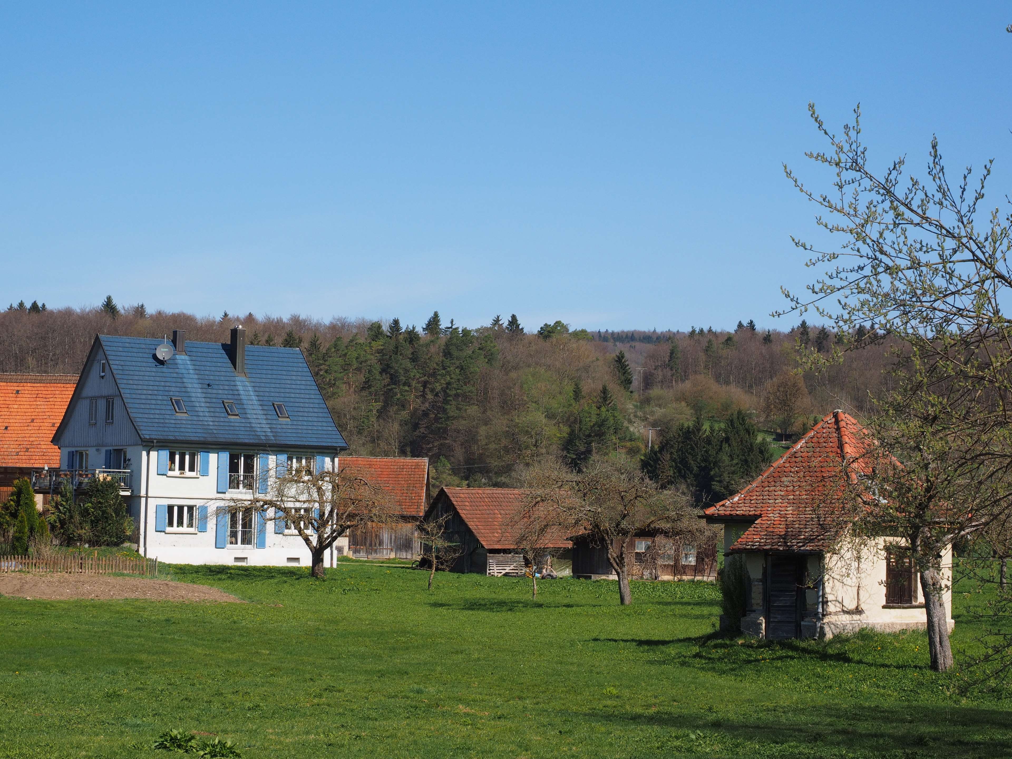 green color, village, roof, roofing, country life, sky, building exterior, home, architecture, environment, outdoors, grass, blue, built structure, land, HD Wallpaper