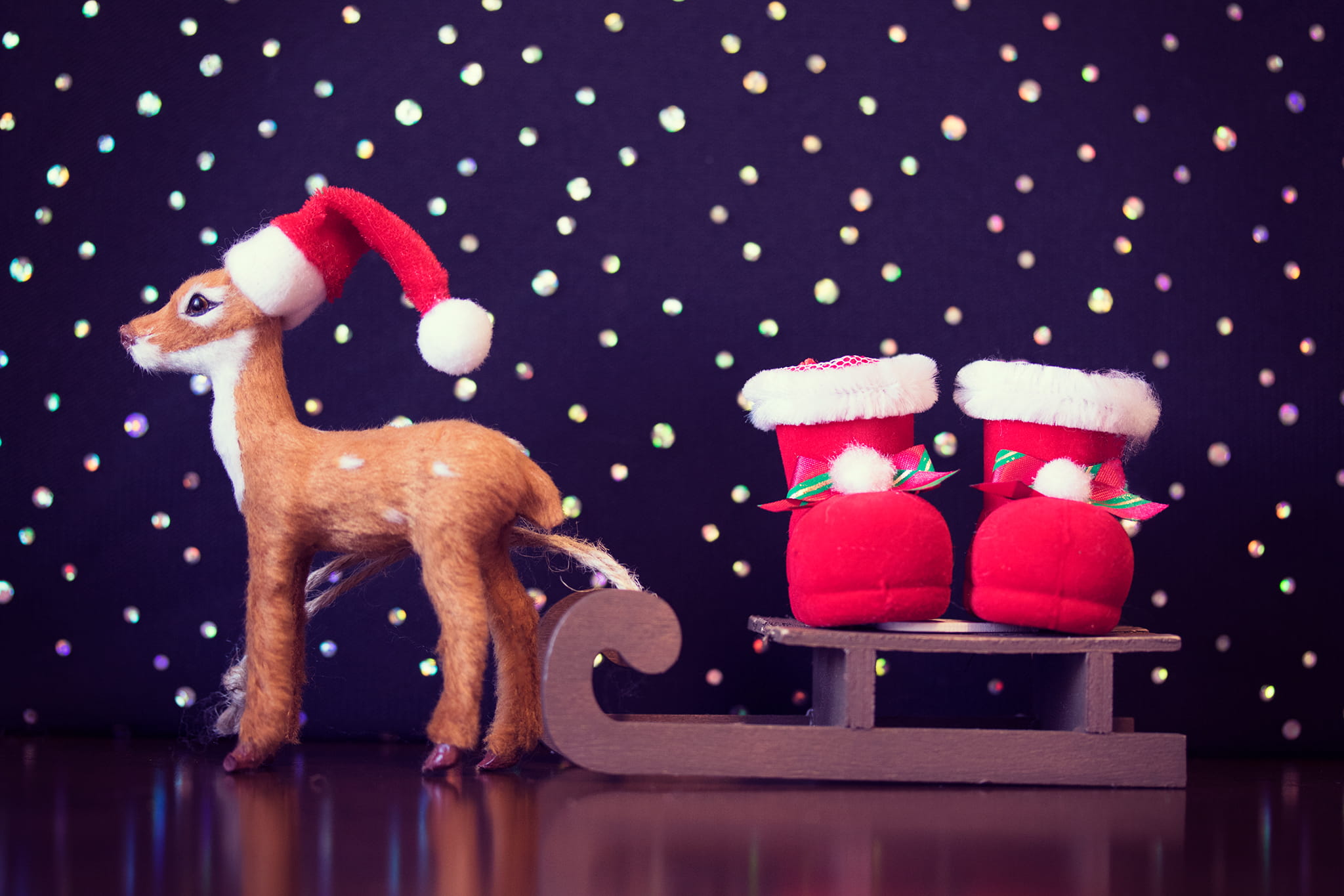red, domestic animals, 1080P, christmas decoration, deer, celebration, christmas, santa Claus, gift, one person, humor, domestic, sleigh, winter, santa, HD Wallpaper