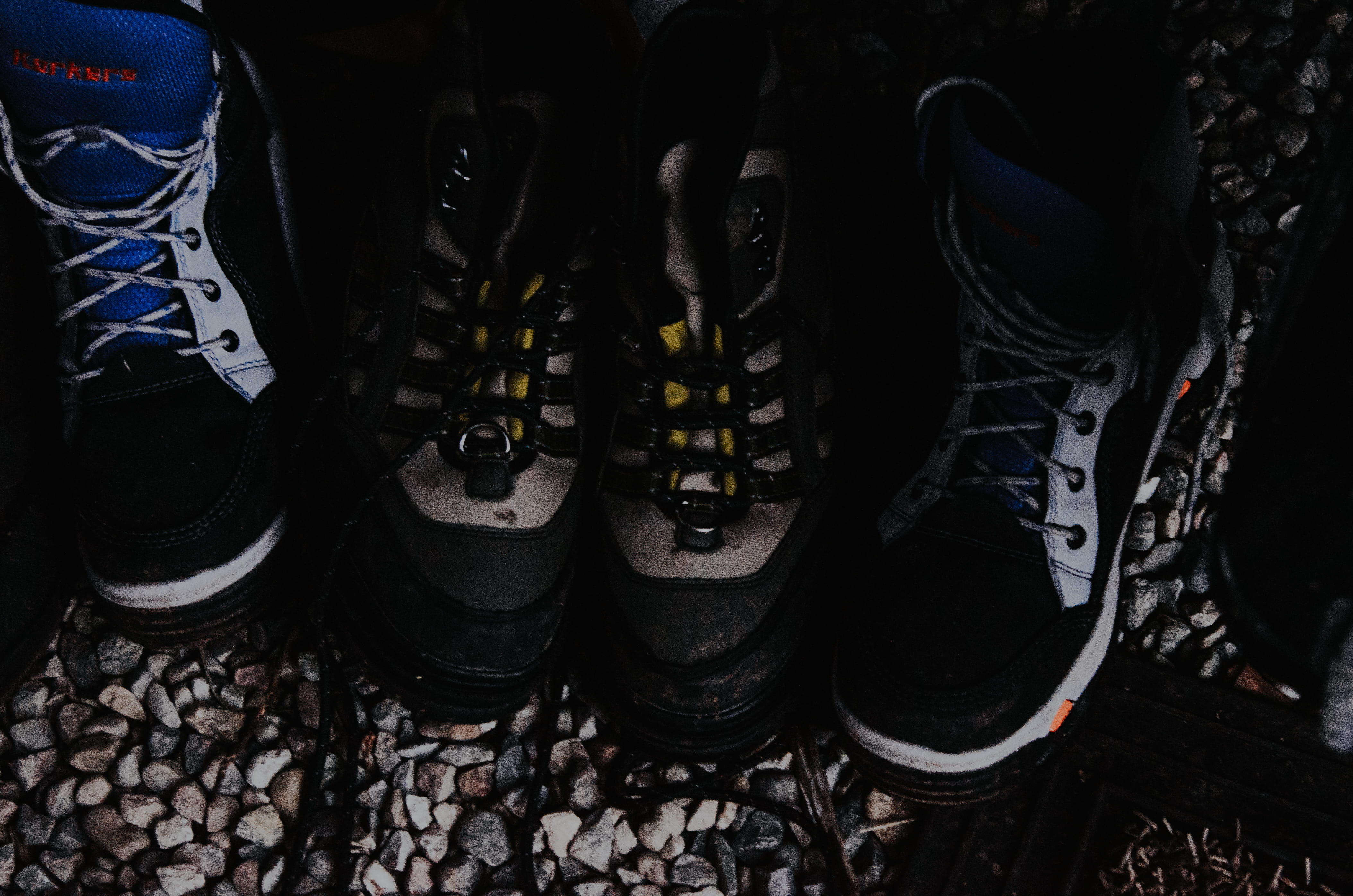 in a row, high angle view, 4K, rocks, fishing boots, day, arrangement, variation, shoe, equipment, wheel, order, hiking boots, boots, close-up, outdoors, HD Wallpaper