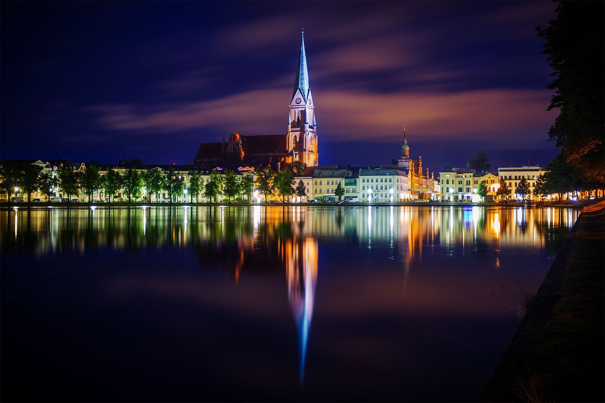 night, travel destinations, cloud - sky, city, skyporn, waterfront, tower, mecklenburg, illuminated, mecklenburg western pomerania, travel, monument, color, HD Wallpaper