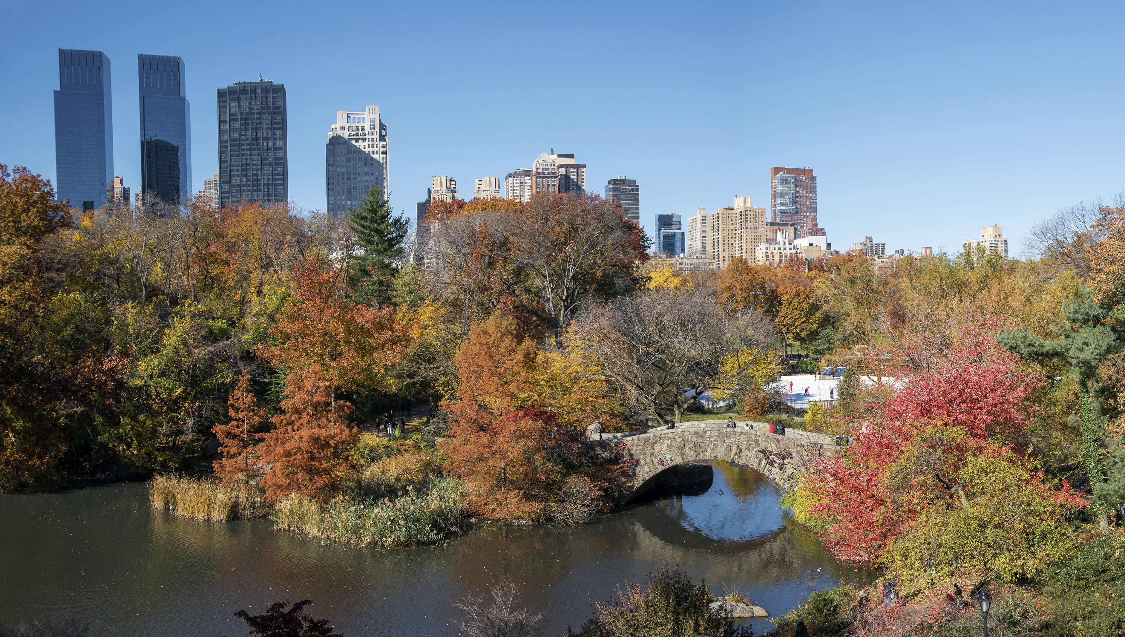 skyscraper, office building exterior, gapstow bridge, architecture, usa, cityscape, reflection, water, tree, manhattan, nature, plant, united states, building, HD Wallpaper