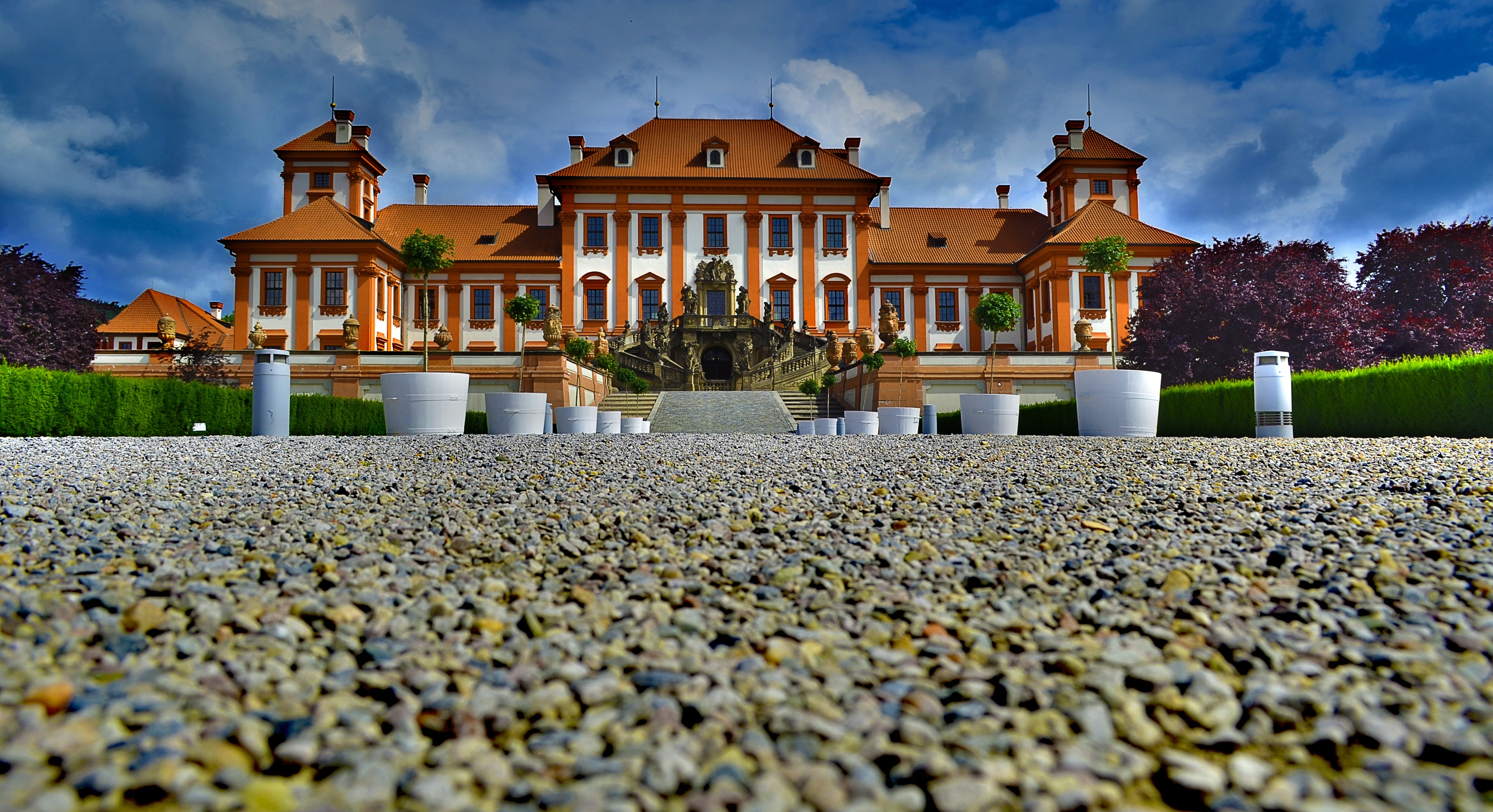 sky, mansion, architecture, architectural column, built structure, brown, building, illuminated, czech republic, house, no people, outdoors, colour photography, HD Wallpaper