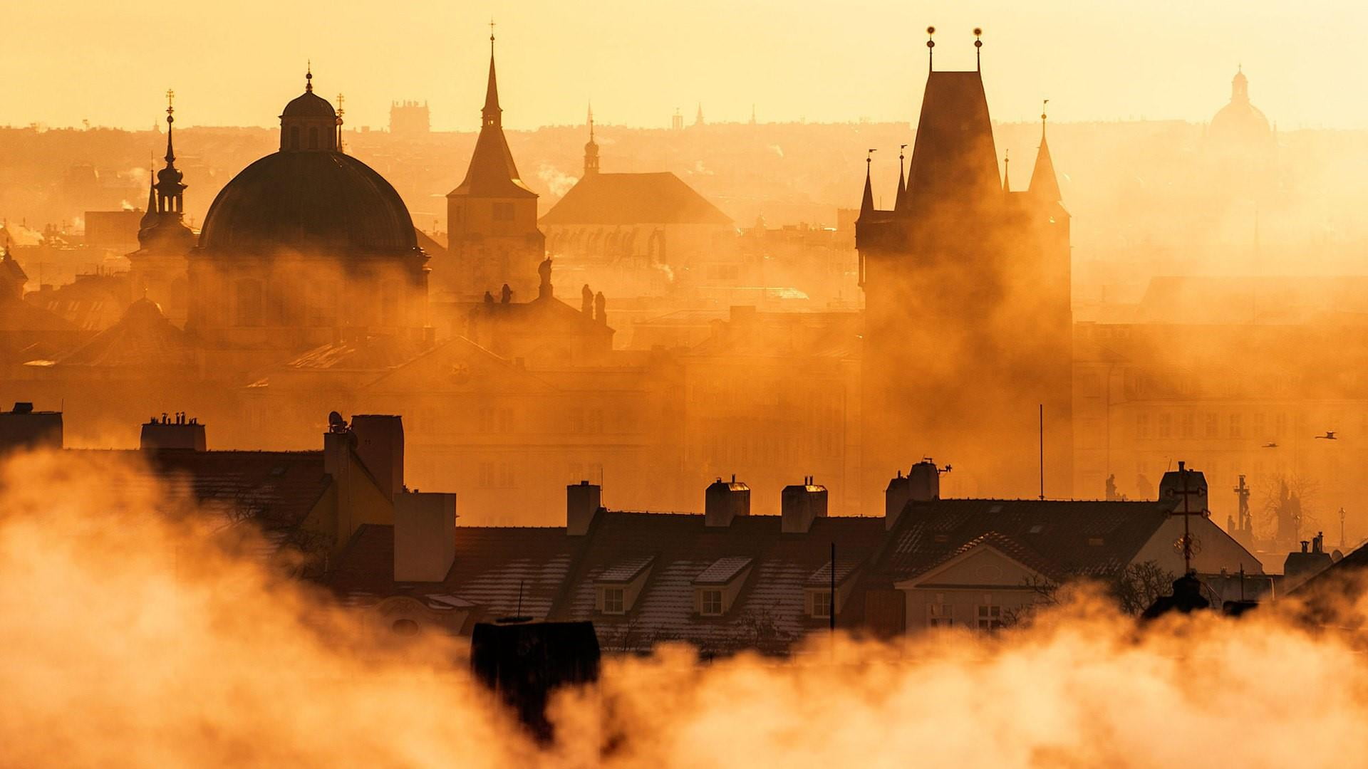 building, history, no people, built structure, dawn, outdoors, tower, smoke - physical structure, silhouette, prague, castle, czech republic, pollution, HD Wallpaper
