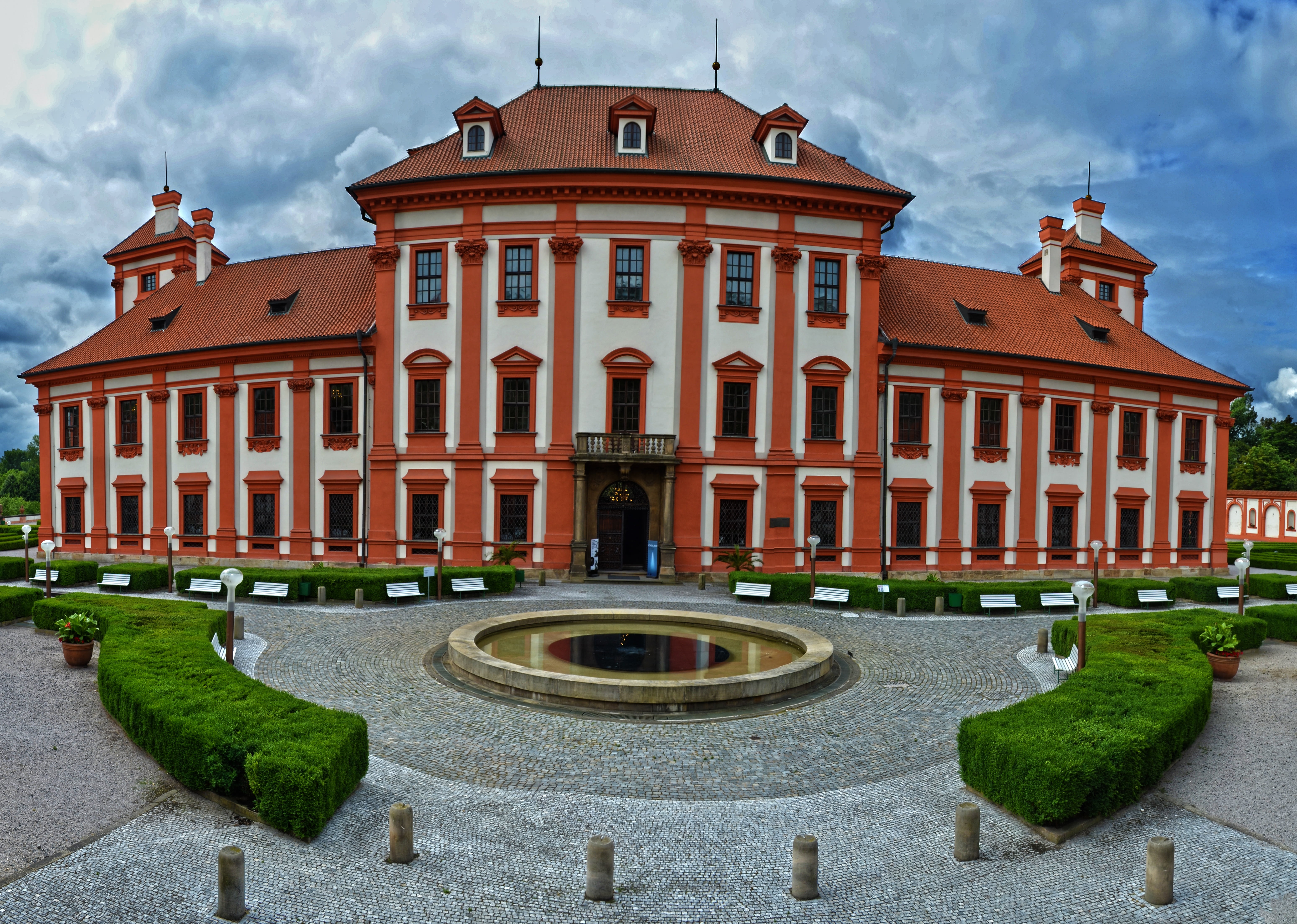 cloud - sky, building, facade, architecture, prague, city, europe, famous Place, built structure, grass, czech republic, architectural column, landscape, HD Wallpaper
