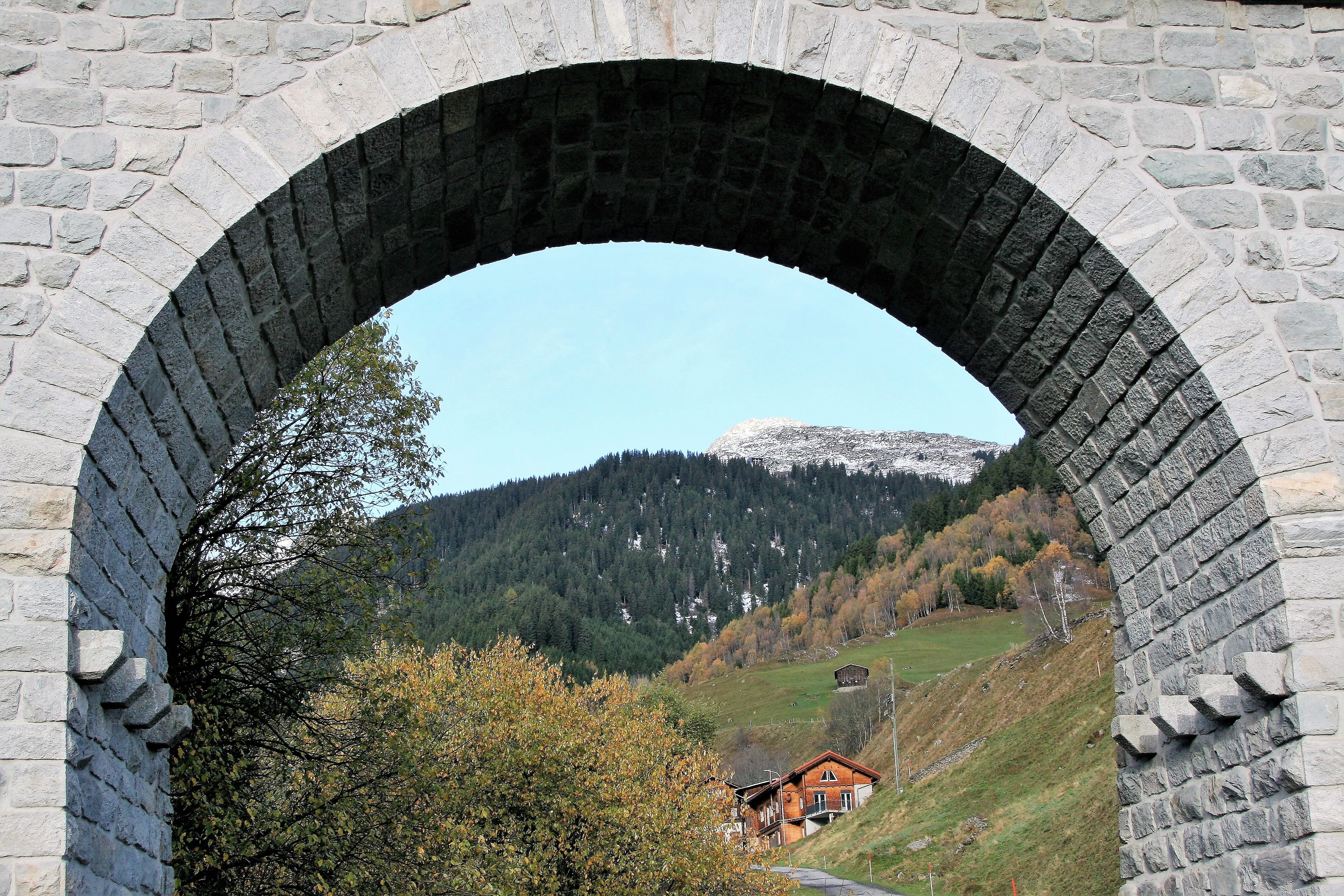 the alps, stone, history, arch bridge, land, stone wall, view, railway, switzerland, building exterior, sky, 4K, bow, arch, water, nature, building, no people, HD Wallpaper