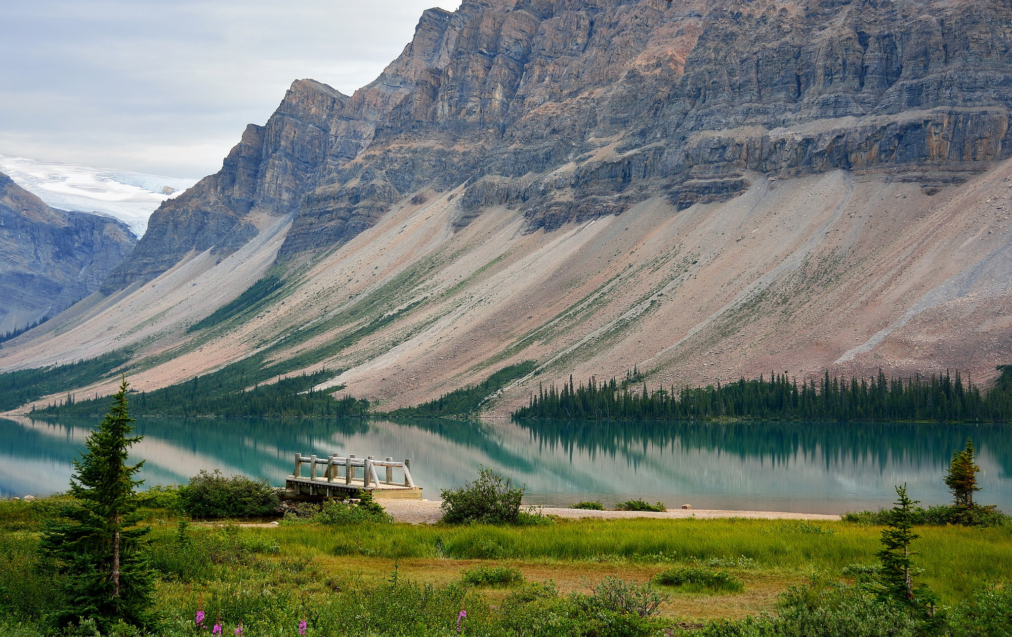 the bridge, Albert, trees, lake, pier, 1080P, Canada, Bow Lake, mountains, HD Wallpaper