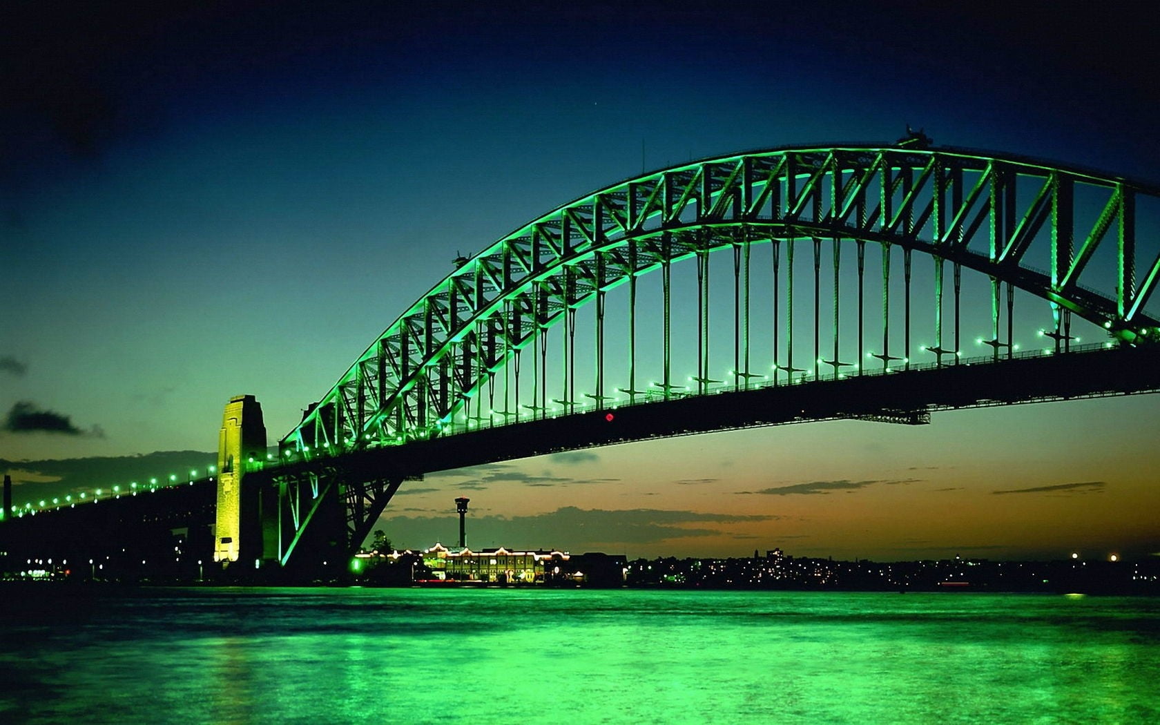 Green, nature, Orange, Lights, Night, waterfront, no people, river, travel, 720P, Bridge, arch bridge, illuminated, travel destinations, building exterior, HD Wallpaper