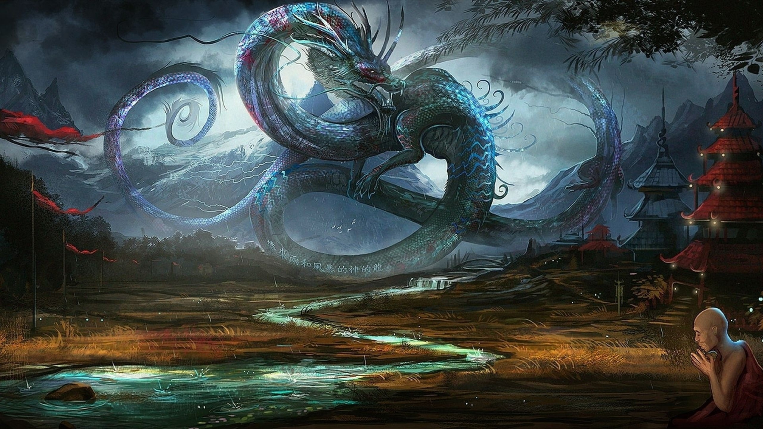 rain, Low, art, fantasy, skies, Dragons, shaolin, China, sea, 2K, resolution, water, flags, legendary, artwork, HD Wallpaper