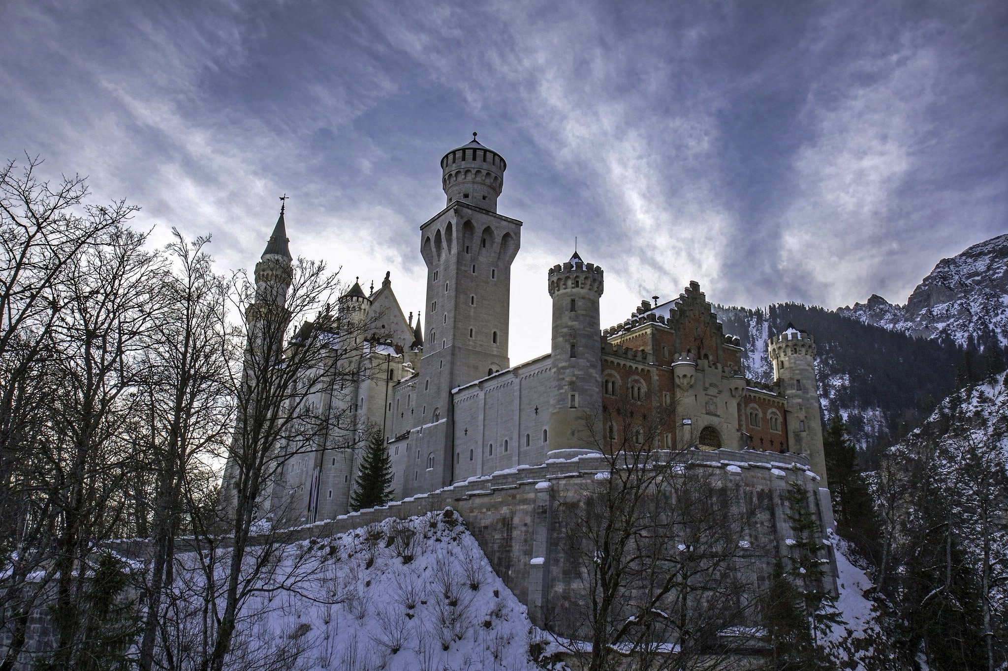 1080P, nature winter snow trees castle schloss neuschwanstein germany mountain clouds tower architecture, HD Wallpaper
