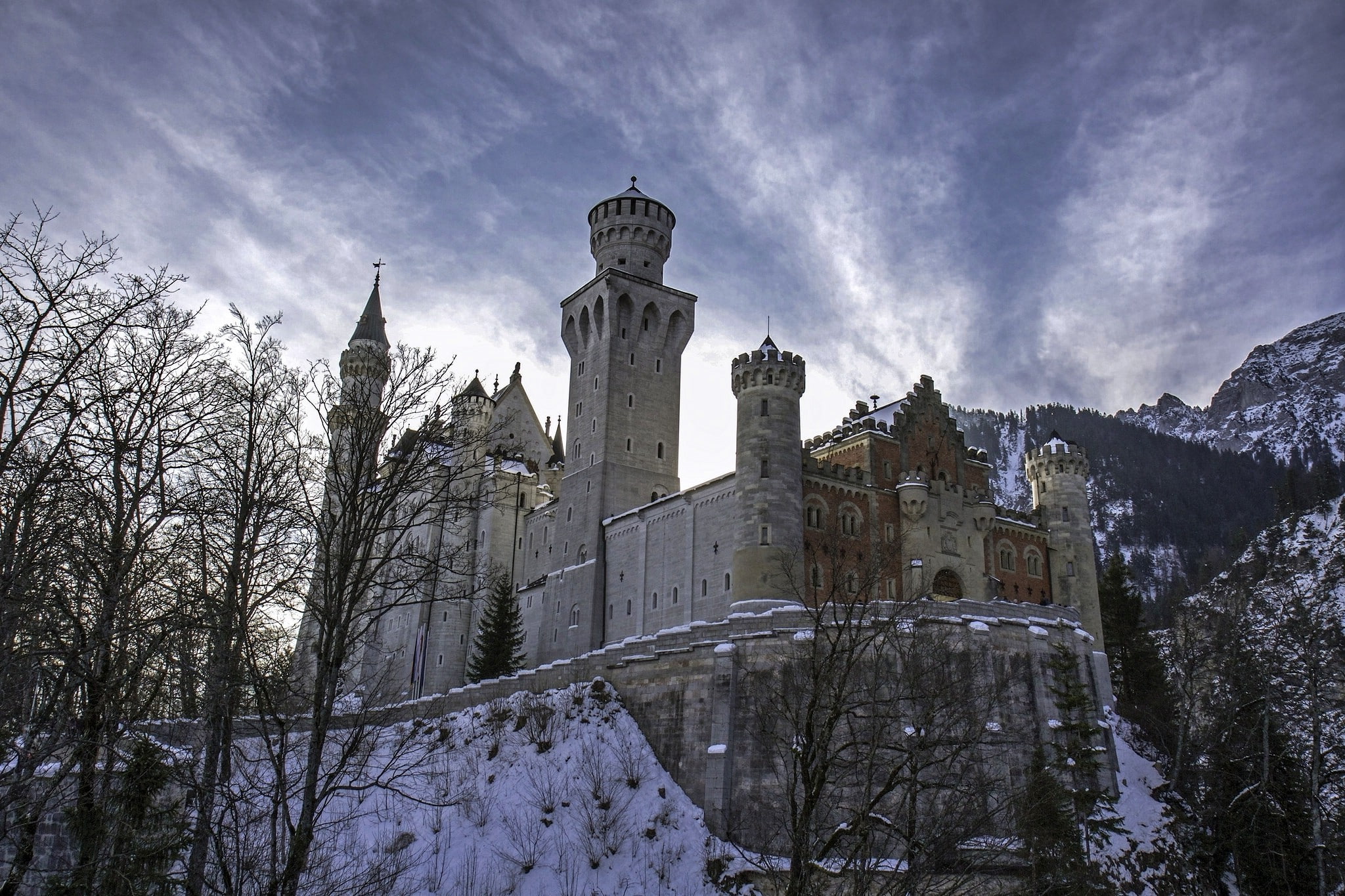 Germany, winter, castle, architecture, Schloss Neuschwanstein, snow, tower, Trees, mountain, nature, clouds, 1080P, HD Wallpaper