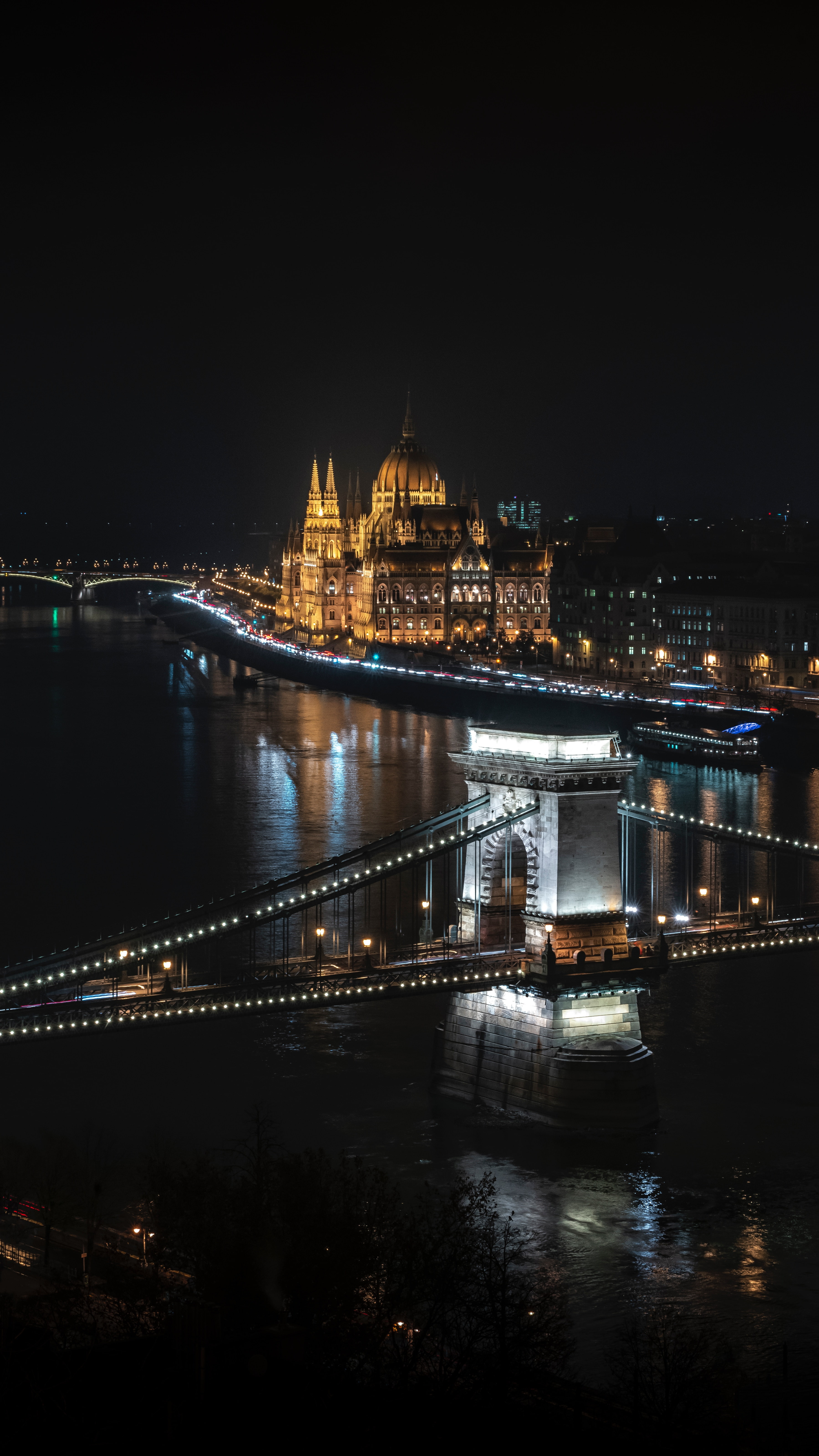 hungary, bridge, 5K, budapest, night city, city lights, Phone HD Wallpaper