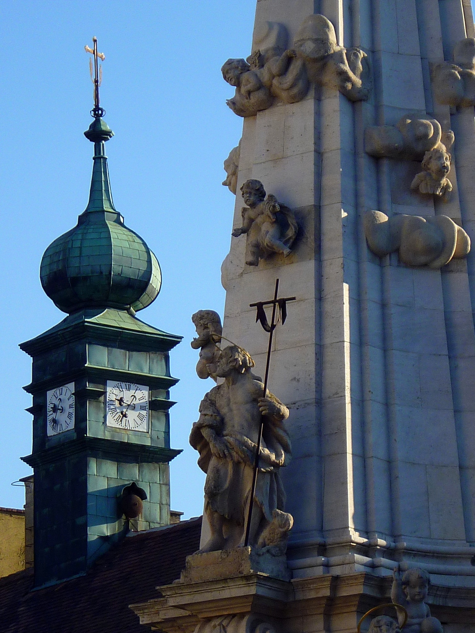 day, blue sky, budapest, 1080P, the past, travel destinations, representation, low angle view, clock tower, sculpture, no people, building exterior, male likeness, Phone HD Wallpaper