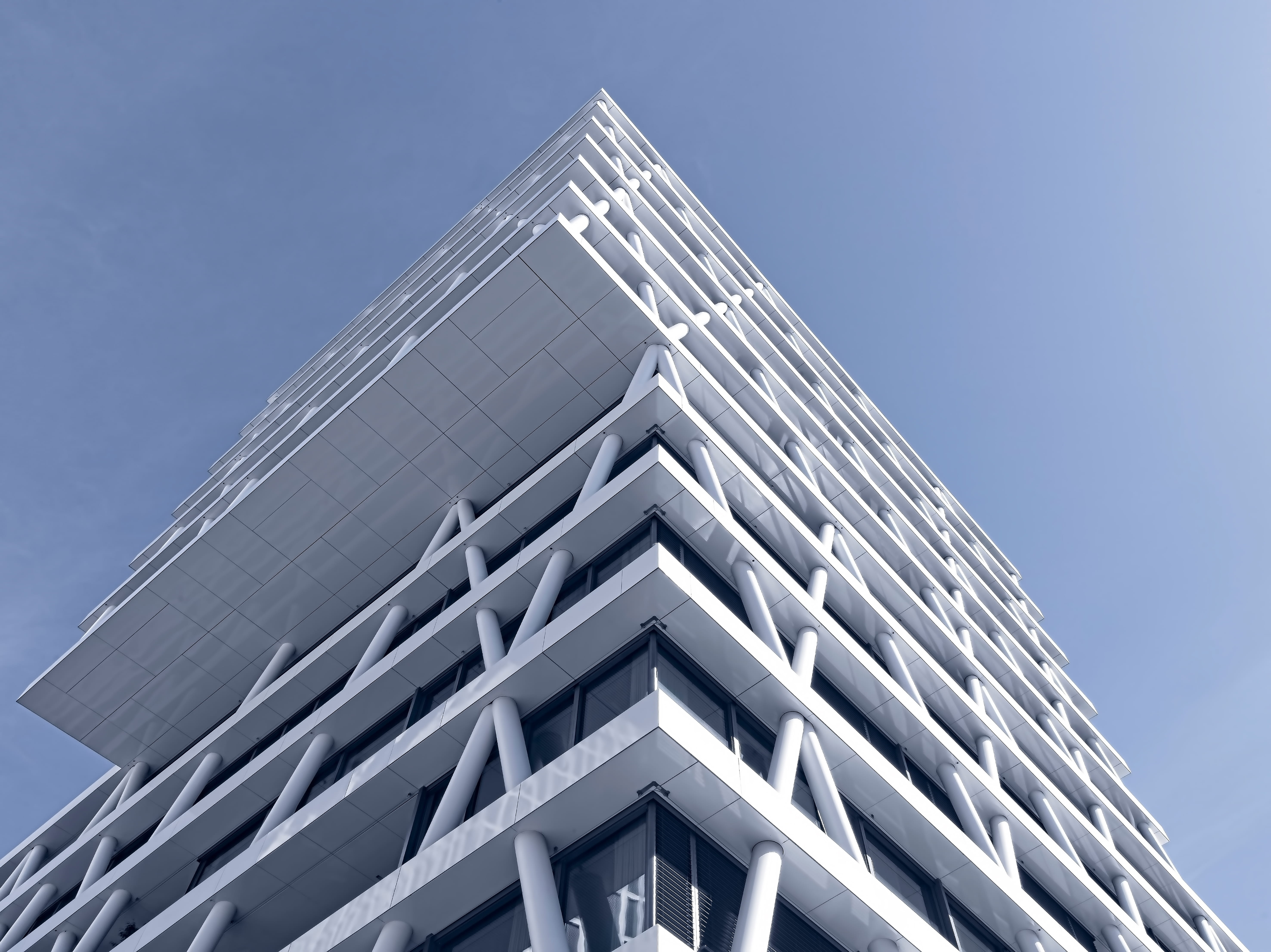 window, building, office building exterior, pattern, no people, clear sky, diagonal, glass, modern, sky, shape, deck, 5K, building exterior, white, germany, HD Wallpaper