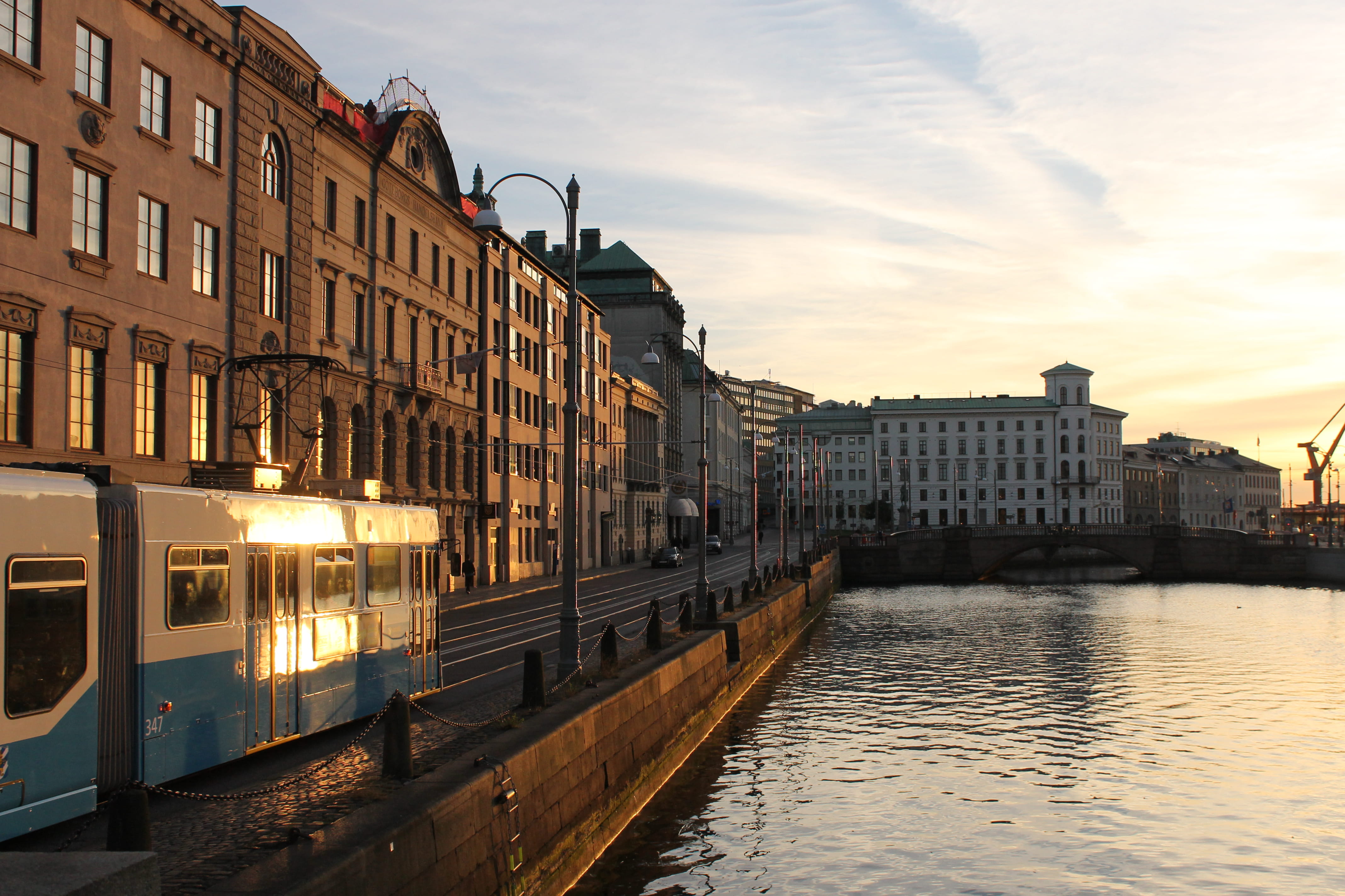 sunset, sky, sweden, city, residential district, building, transportation, reflection, tram, 4K, outdoors, street, nature, canal, gothenburg, no people, HD Wallpaper