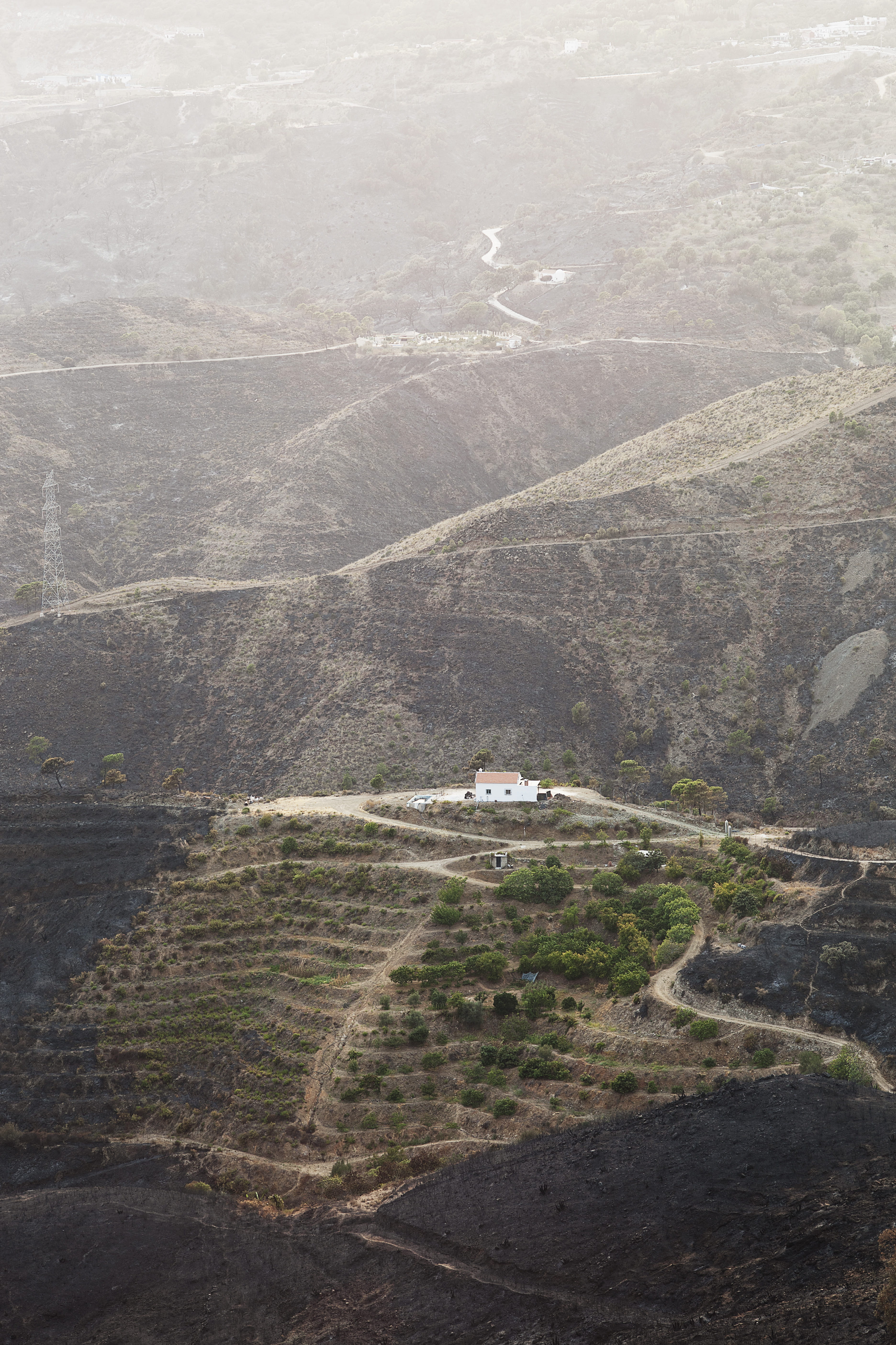 beauty in nature, mountain range, transportation, house, land, grey, white, plant, near, dirt road, storey, spain, aerial view, marbella, crest, nature, Phone HD Wallpaper