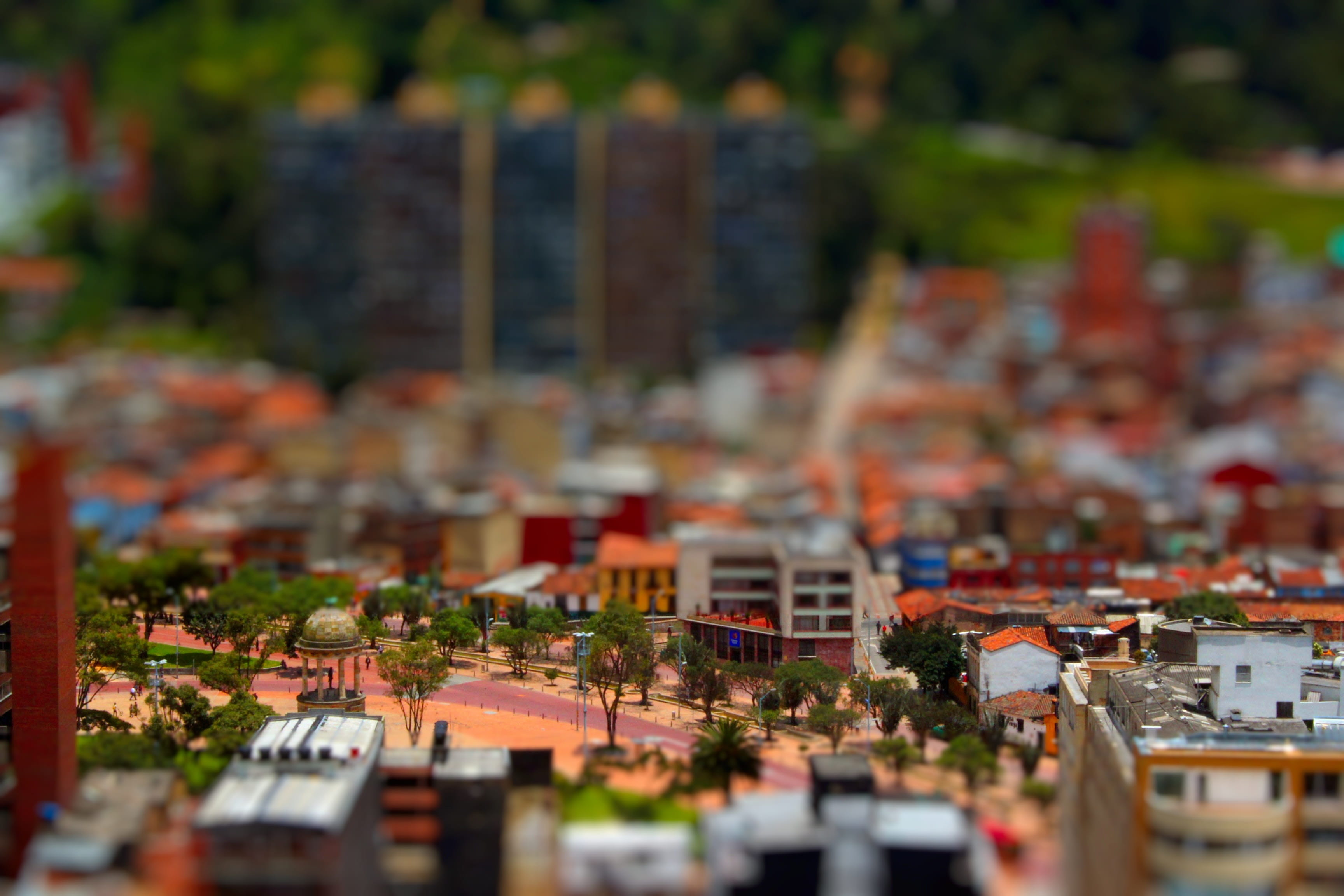 bogota, building, city life, tilt-shift, residential district, outdoors, motor vehicle, car, land vehicle, no people, cityscape, high angle view, transportation, HD Wallpaper