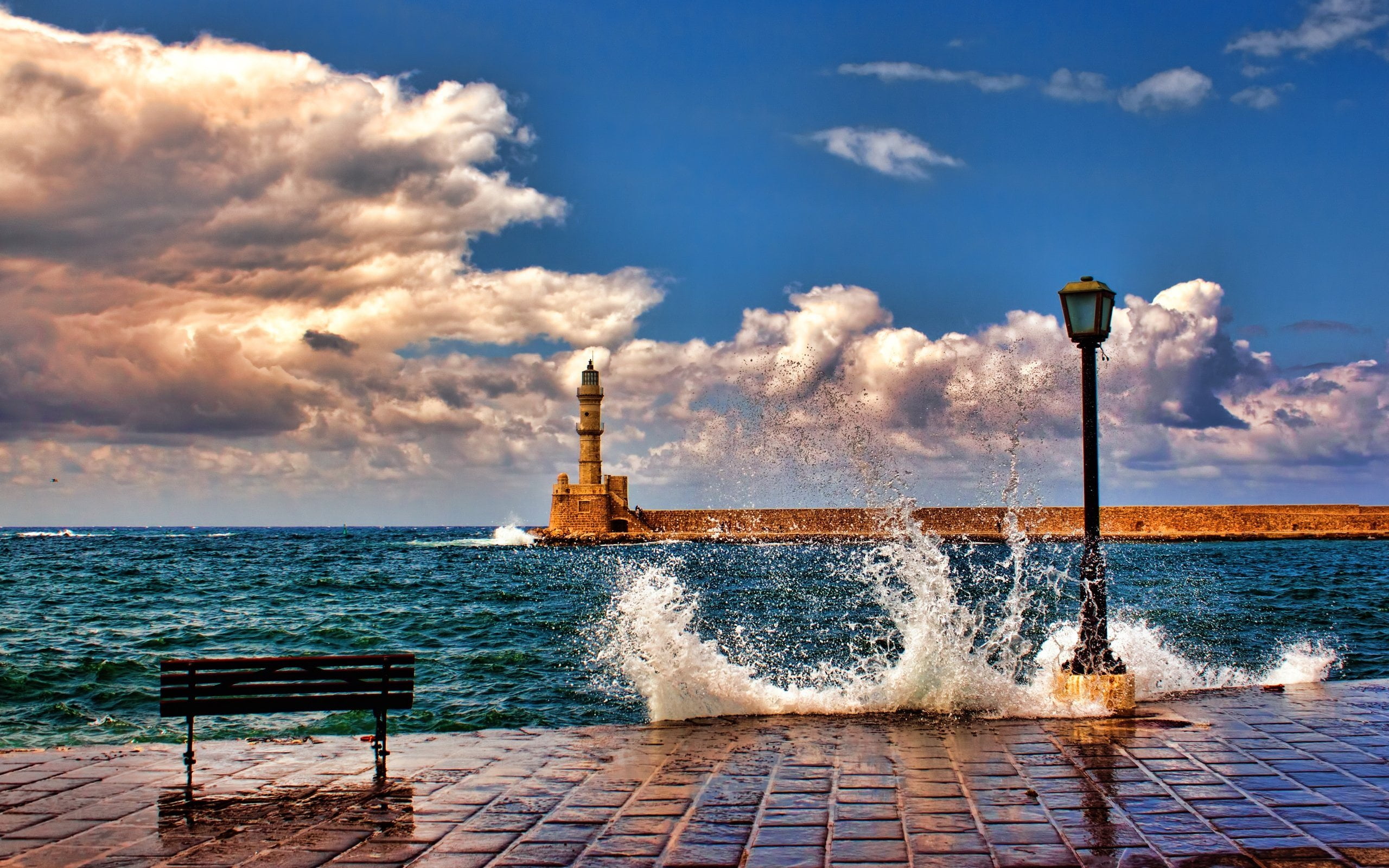 nature, power in nature, motion, wave, chania, horizon over water, scenics - nature, bench, water, outdoors, World, beauty in nature, no people, architecture, HD Wallpaper