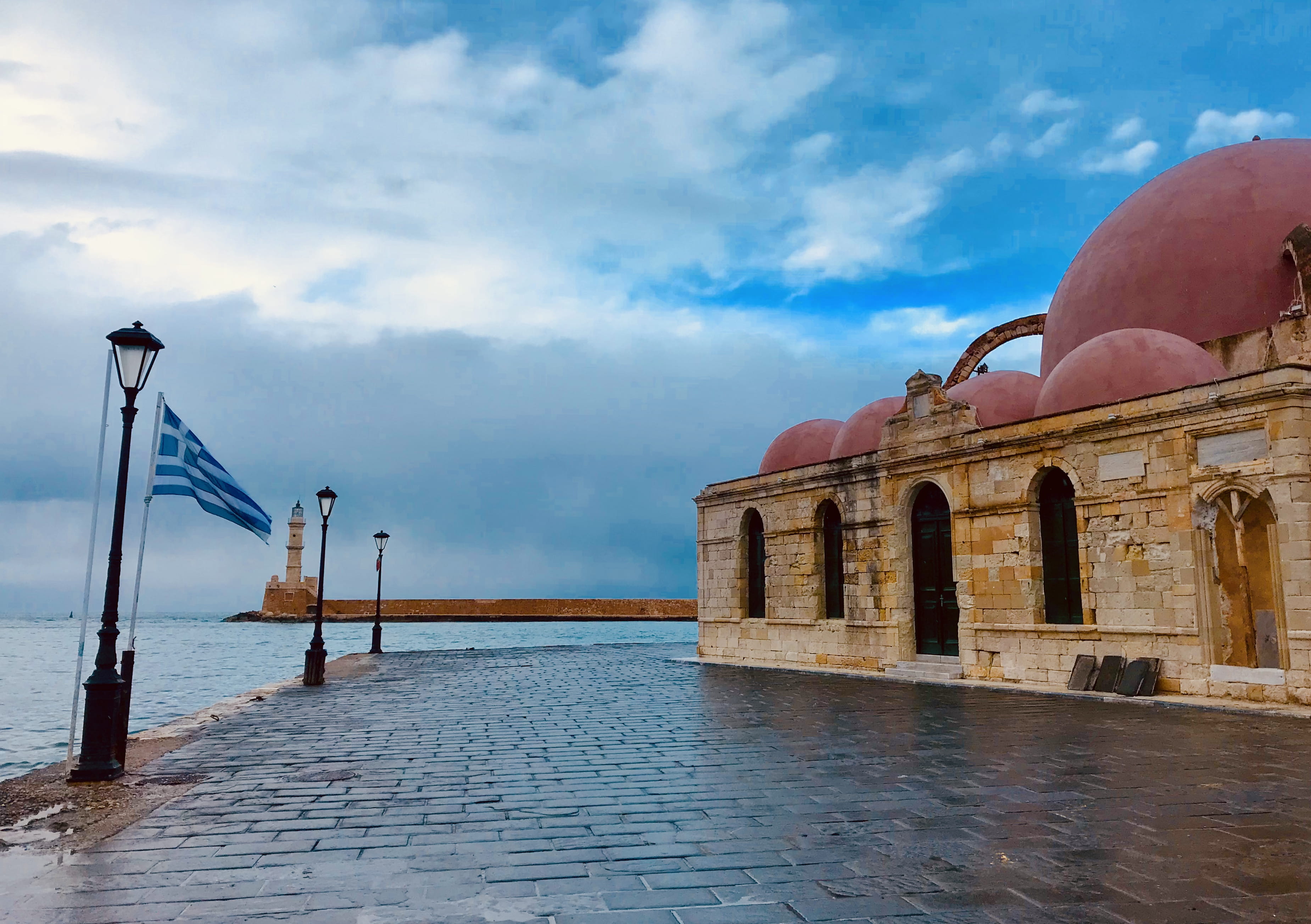 cloud - sky, built structure, temple, outdoors, path, the past, pier, building exterior, travel destinations, travel, walkway, no people, akti tompazi 1, HD Wallpaper